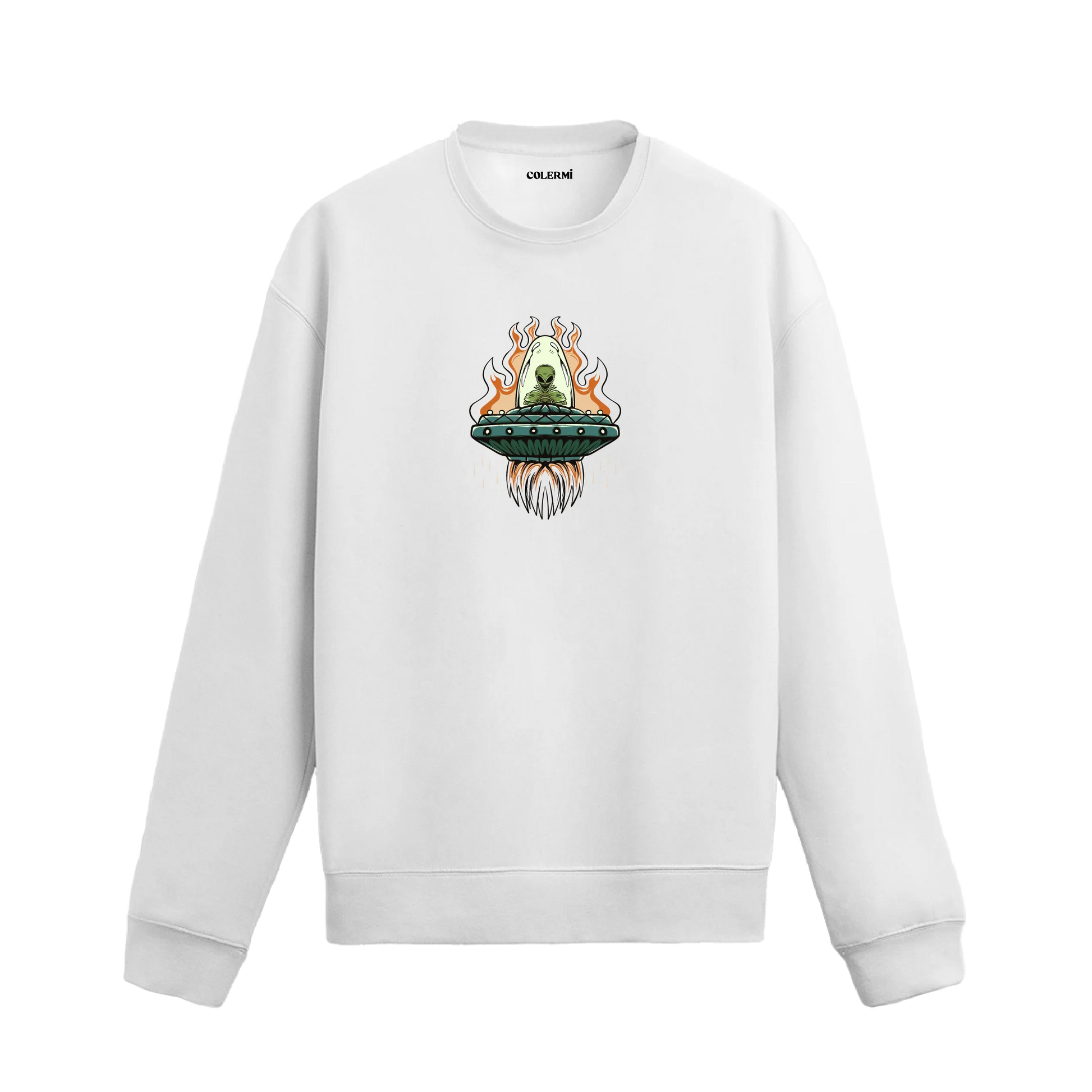 Alevli bir uzay gemisinde oturan uzaylı figürlü Colermi sweatshirt tasarımı.