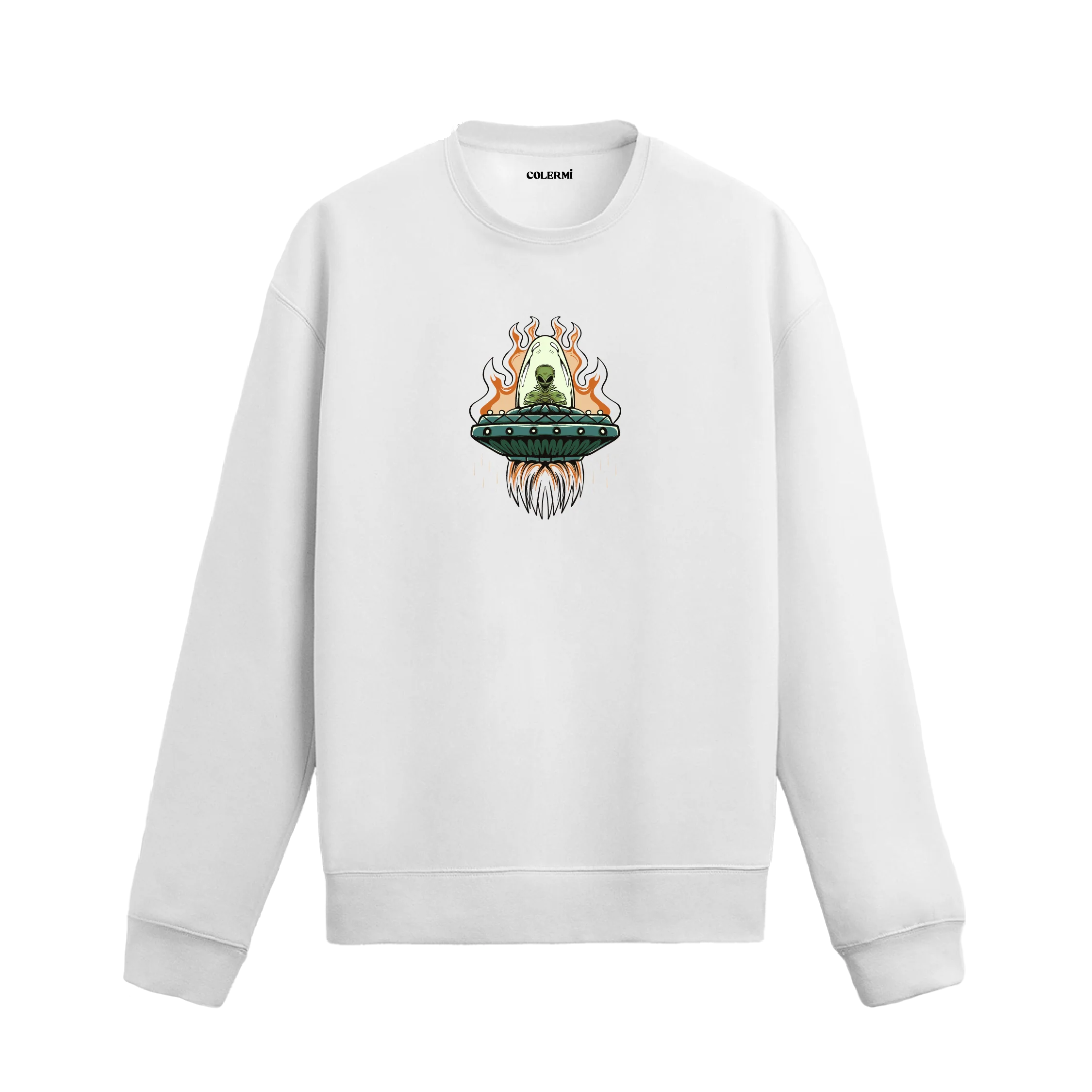 Alevli bir uzay gemisinde oturan uzaylı figürlü Colermi sweatshirt tasarımı.