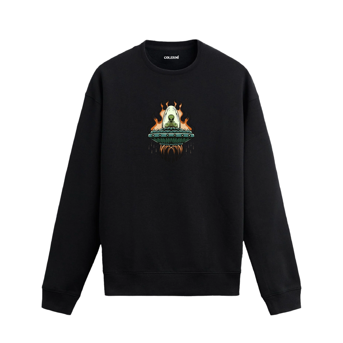 Alevli bir uzay gemisinde oturan uzaylı figürlü Colermi sweatshirt tasarımı.