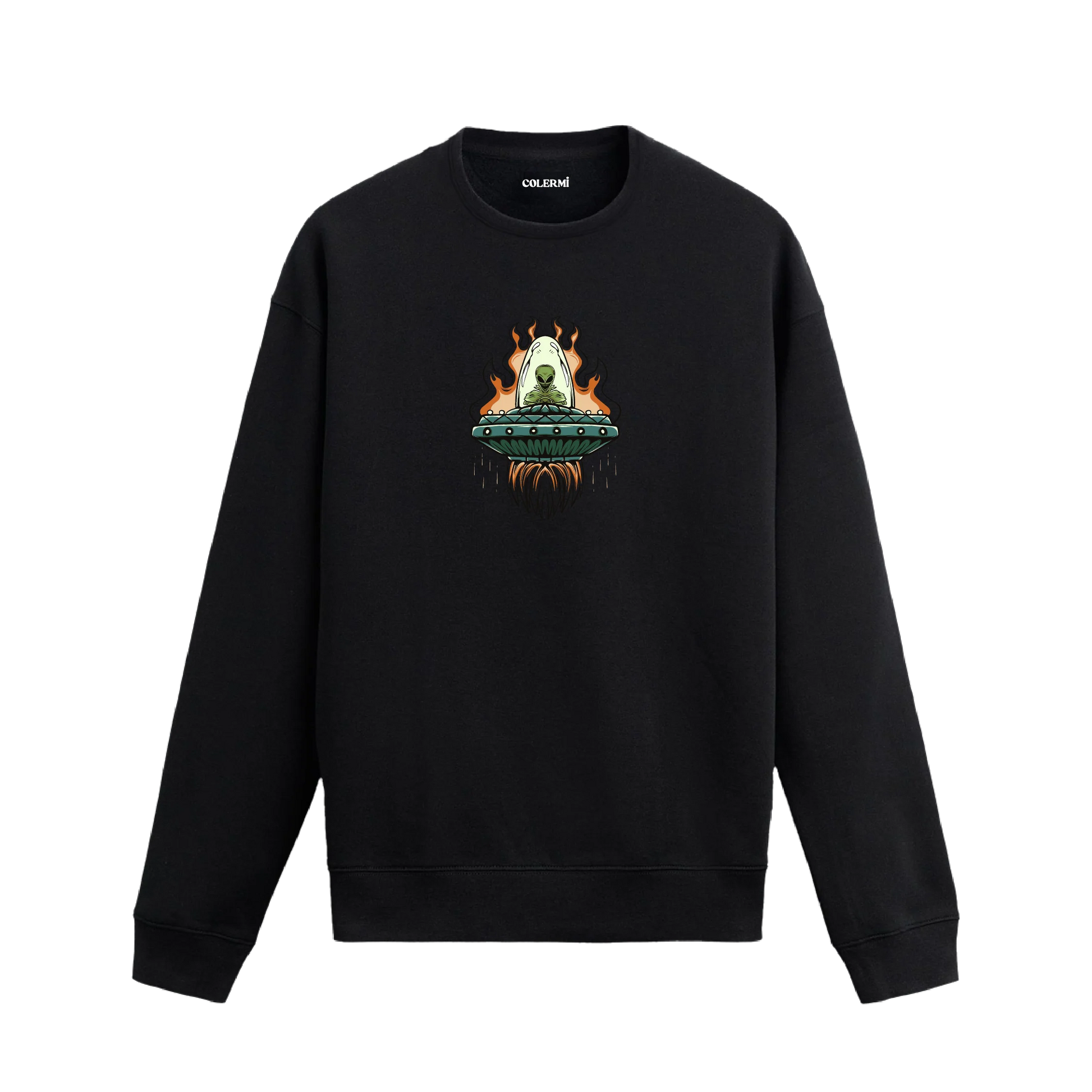 Alevli bir uzay gemisinde oturan uzaylı figürlü Colermi sweatshirt tasarımı.