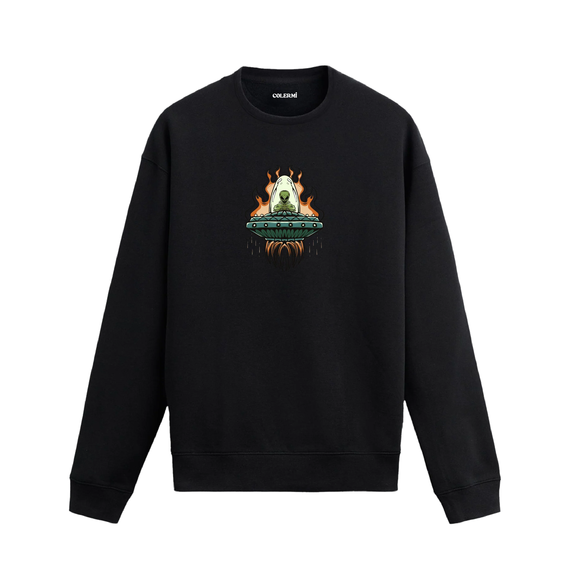Alevli bir uzay gemisinde oturan uzaylı figürlü Colermi sweatshirt tasarımı.
