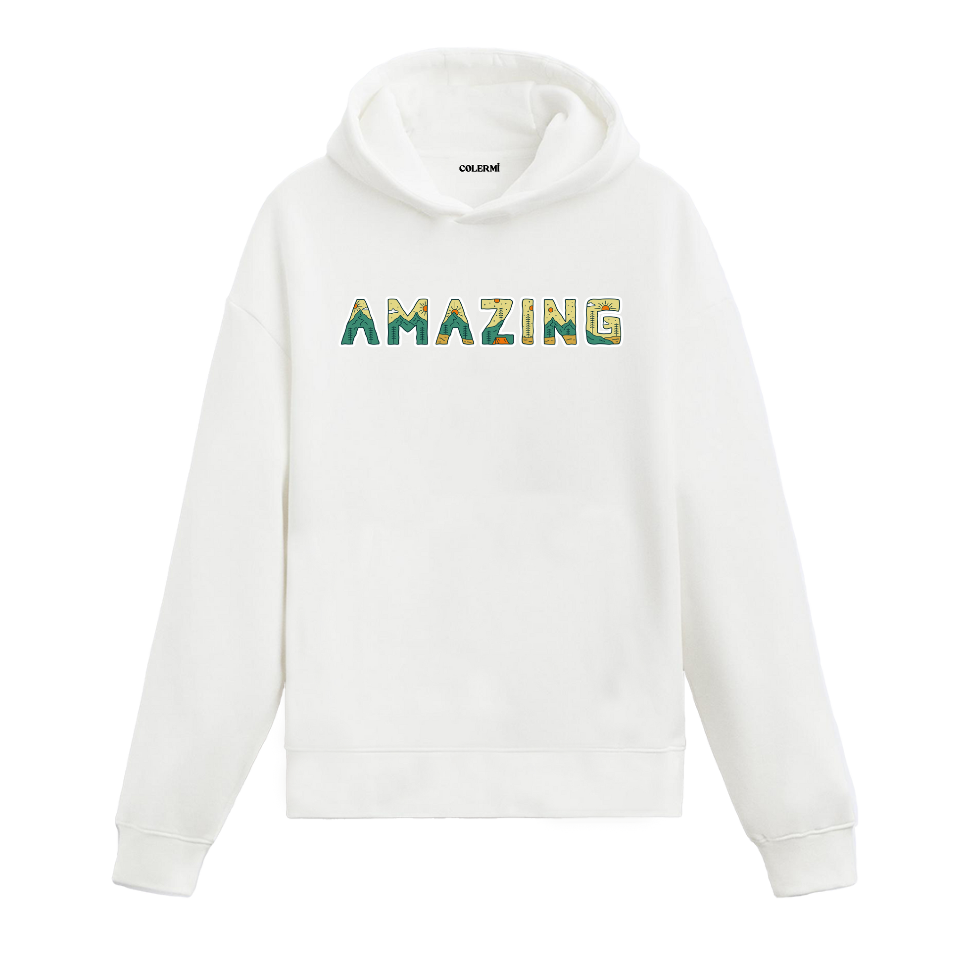Beyaz hoodie, renkli desenli Amazing yazısı baskısı, pamuklu unisex hoodie