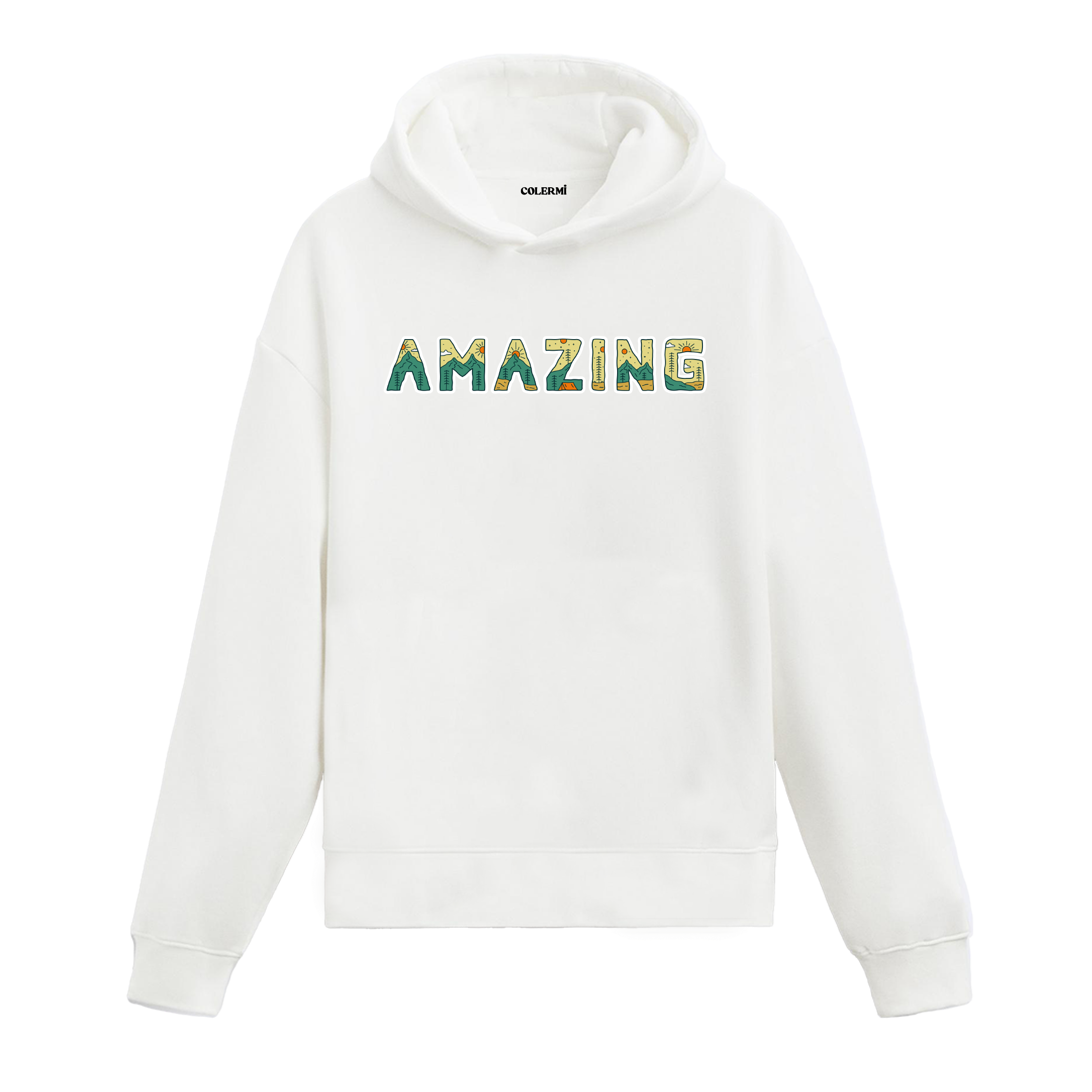 Beyaz hoodie, renkli desenli Amazing yazısı baskısı, pamuklu unisex hoodie