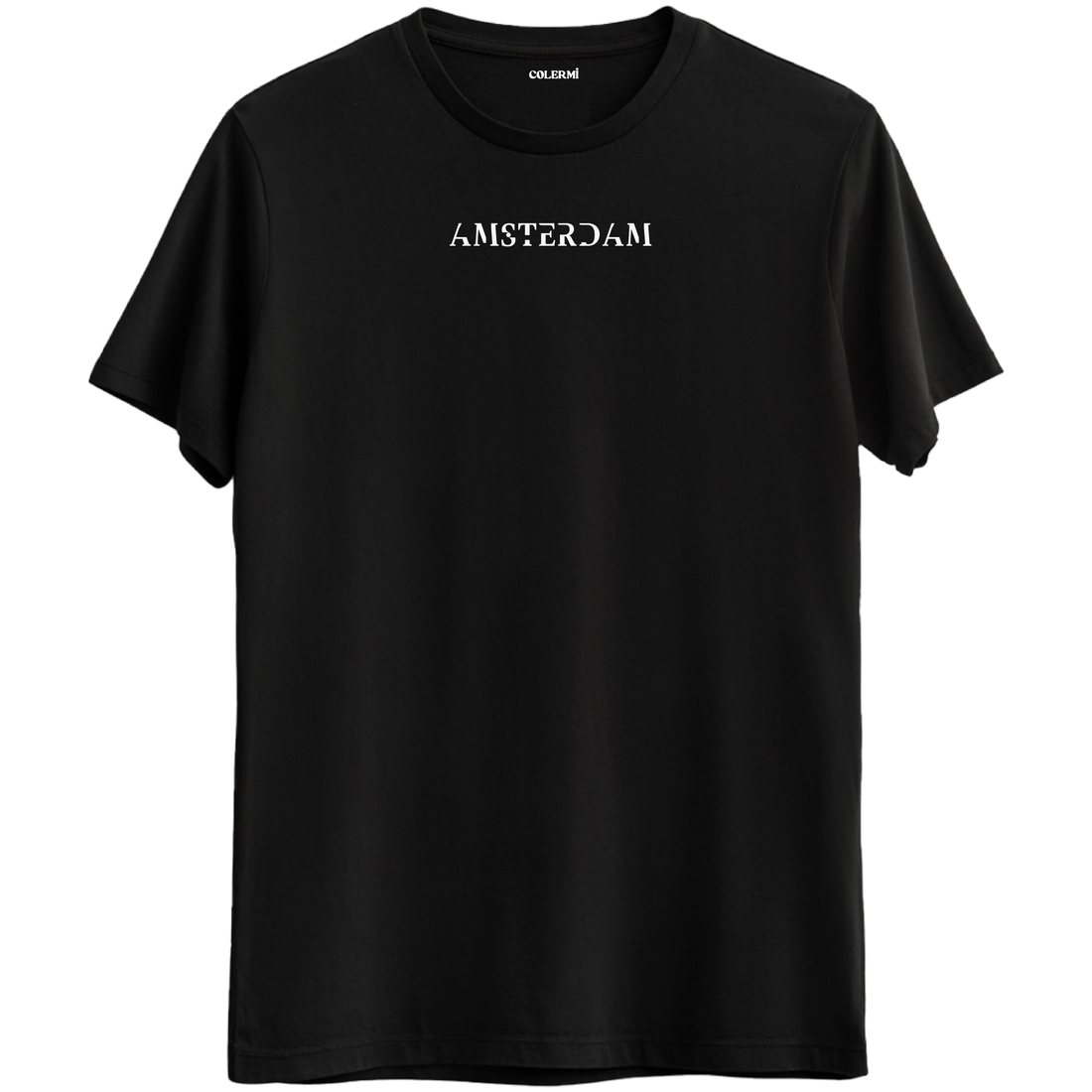 Amsterdam şehrinin özgün ruhunu yansıtan minimal yazılı siyah Bisiklet Yaka T-Shirt.