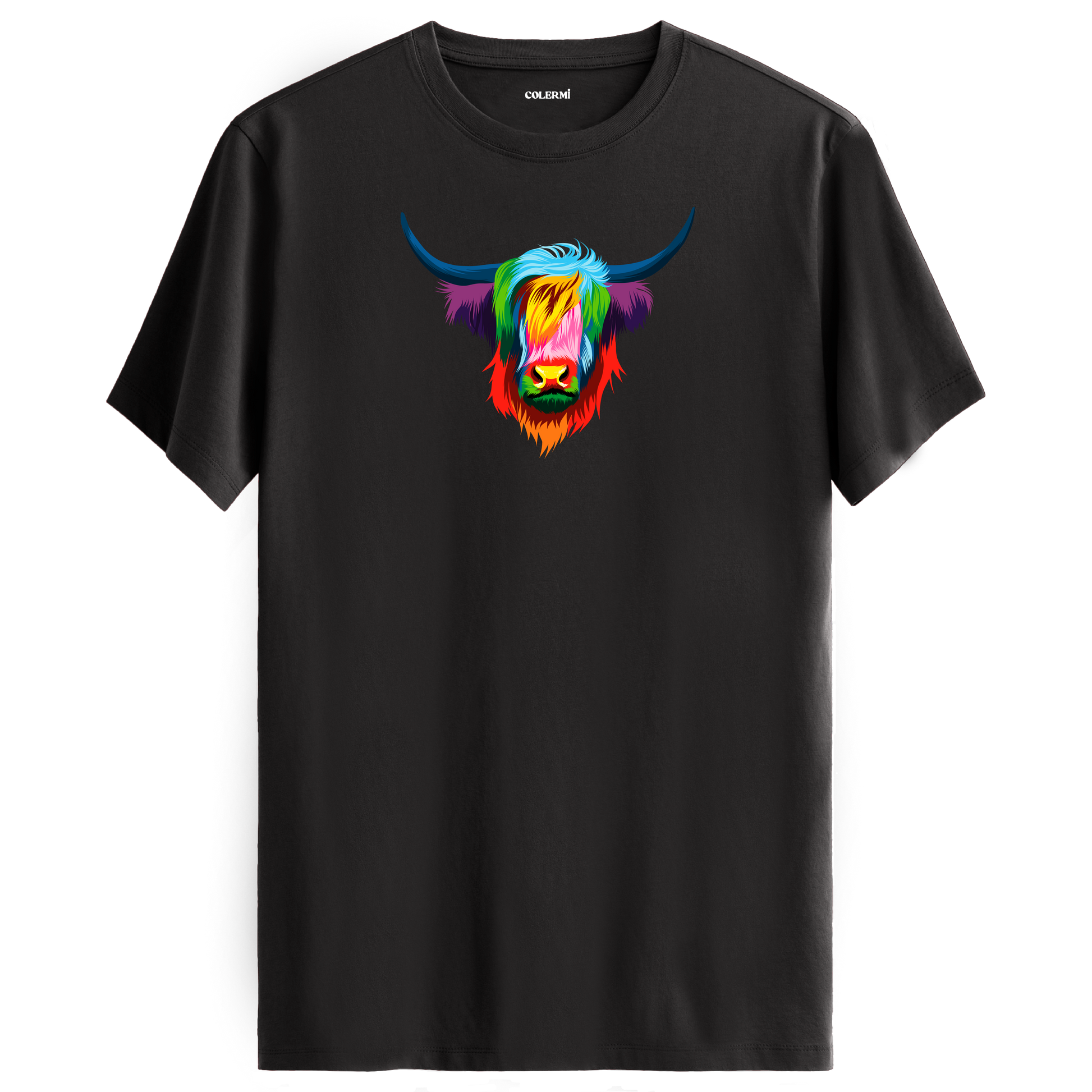 Antrasit tişört üzerinde renkli Angus Highland sığır tasarımı