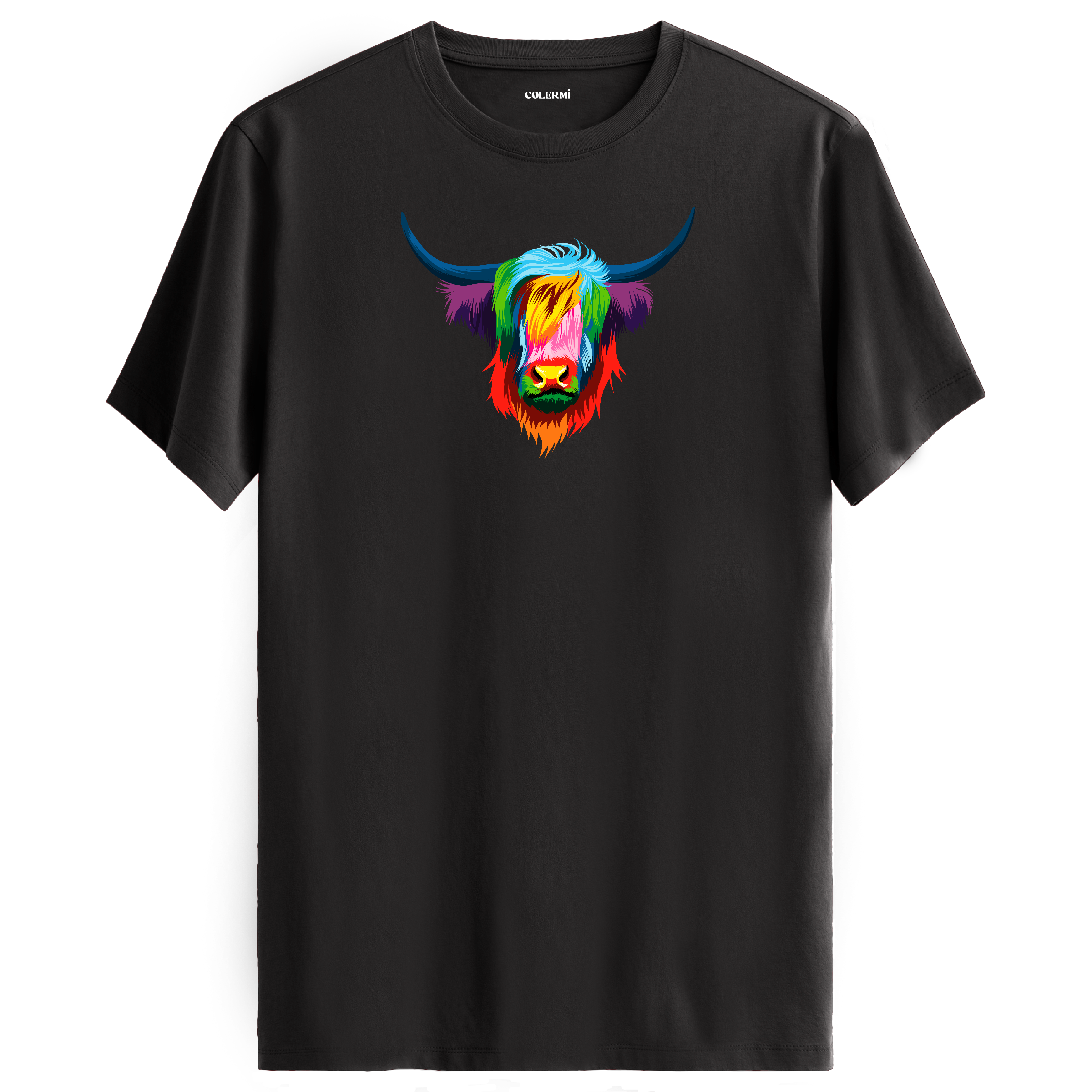 Antrasit tişört üzerinde renkli Angus Highland sığır tasarımı