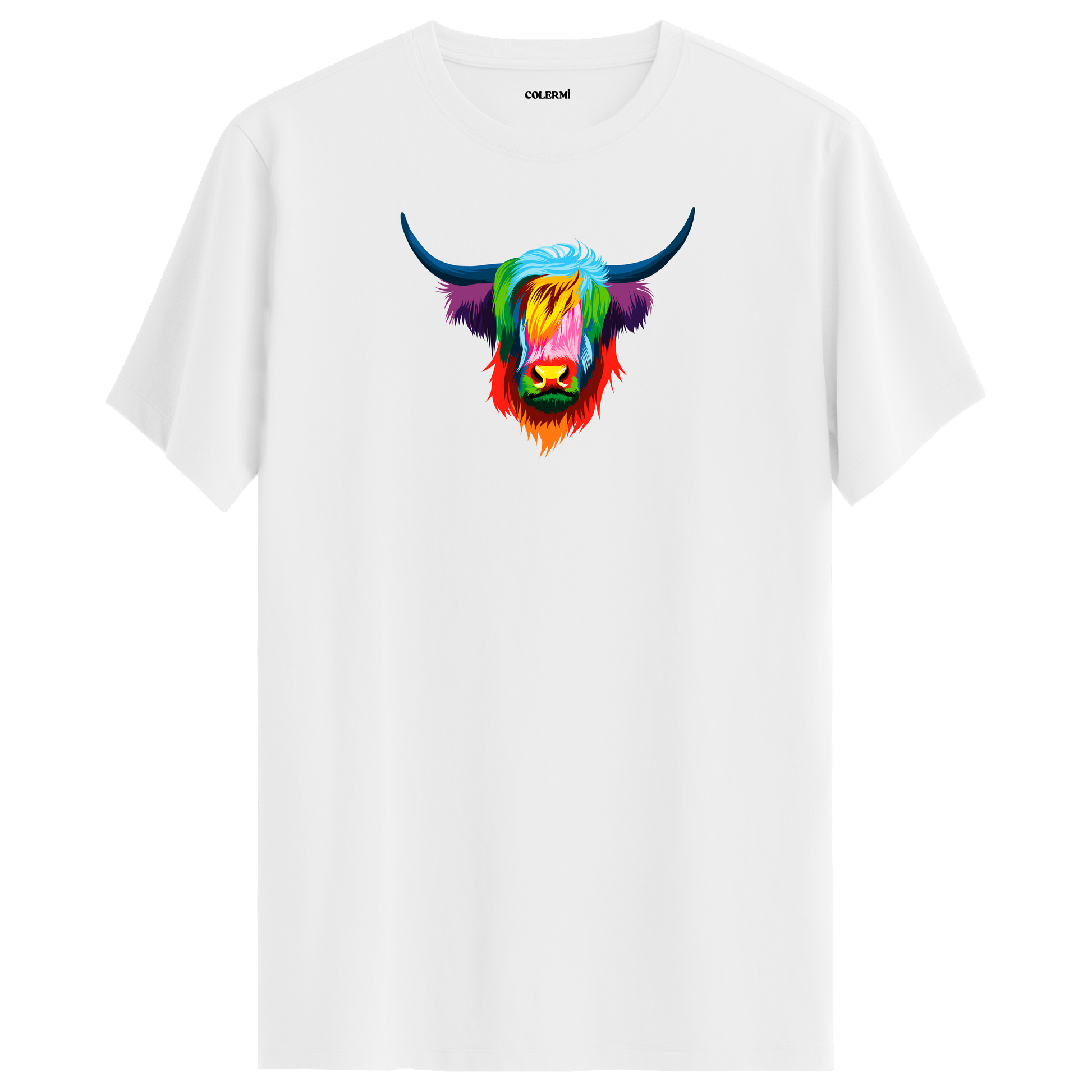 Beyaz tişört üzerinde renkli Angus Highland sığır tasarımı