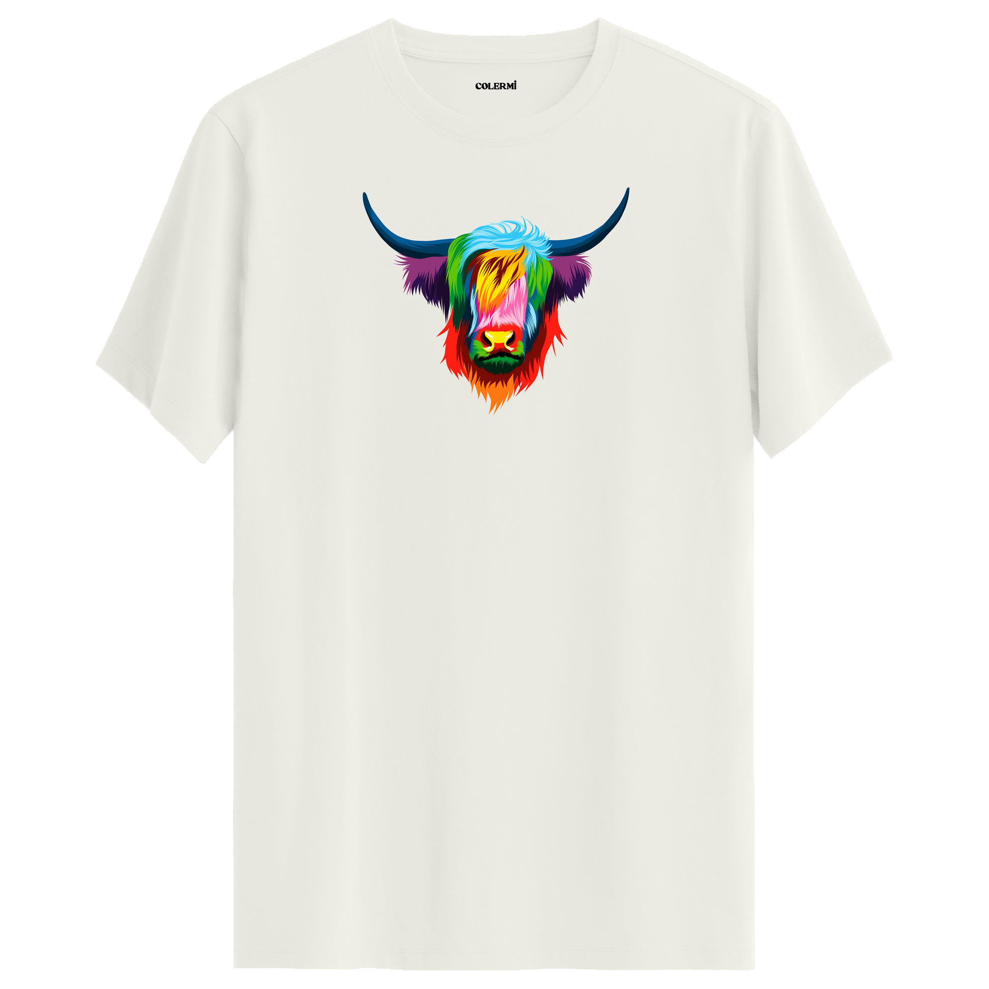 Ekru tişört üzerinde renkli Angus Highland sığır tasarımı