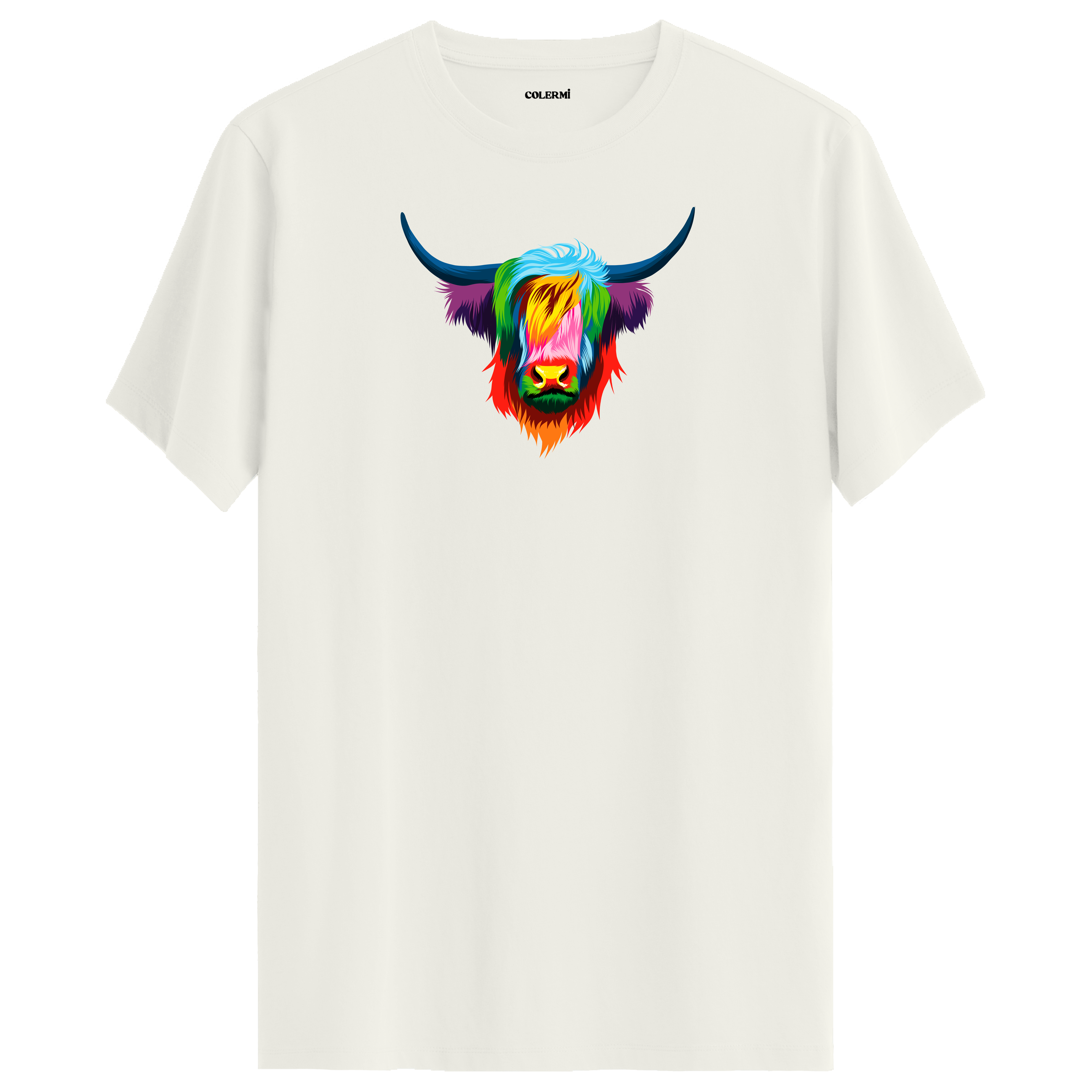 Ekru tişört üzerinde renkli Angus Highland sığır tasarımı