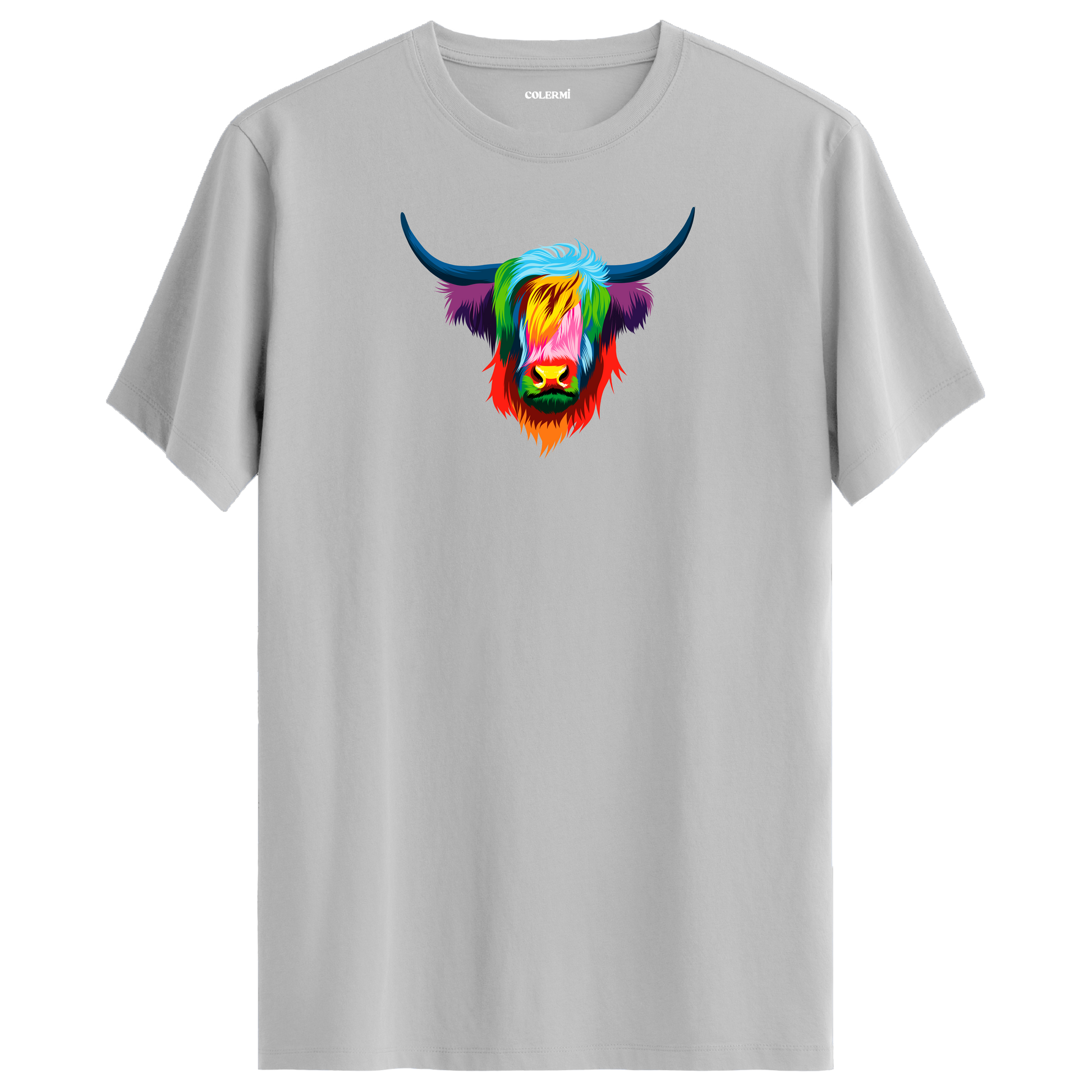 Gri tişört üzerinde renkli Angus Highland sığır tasarımı