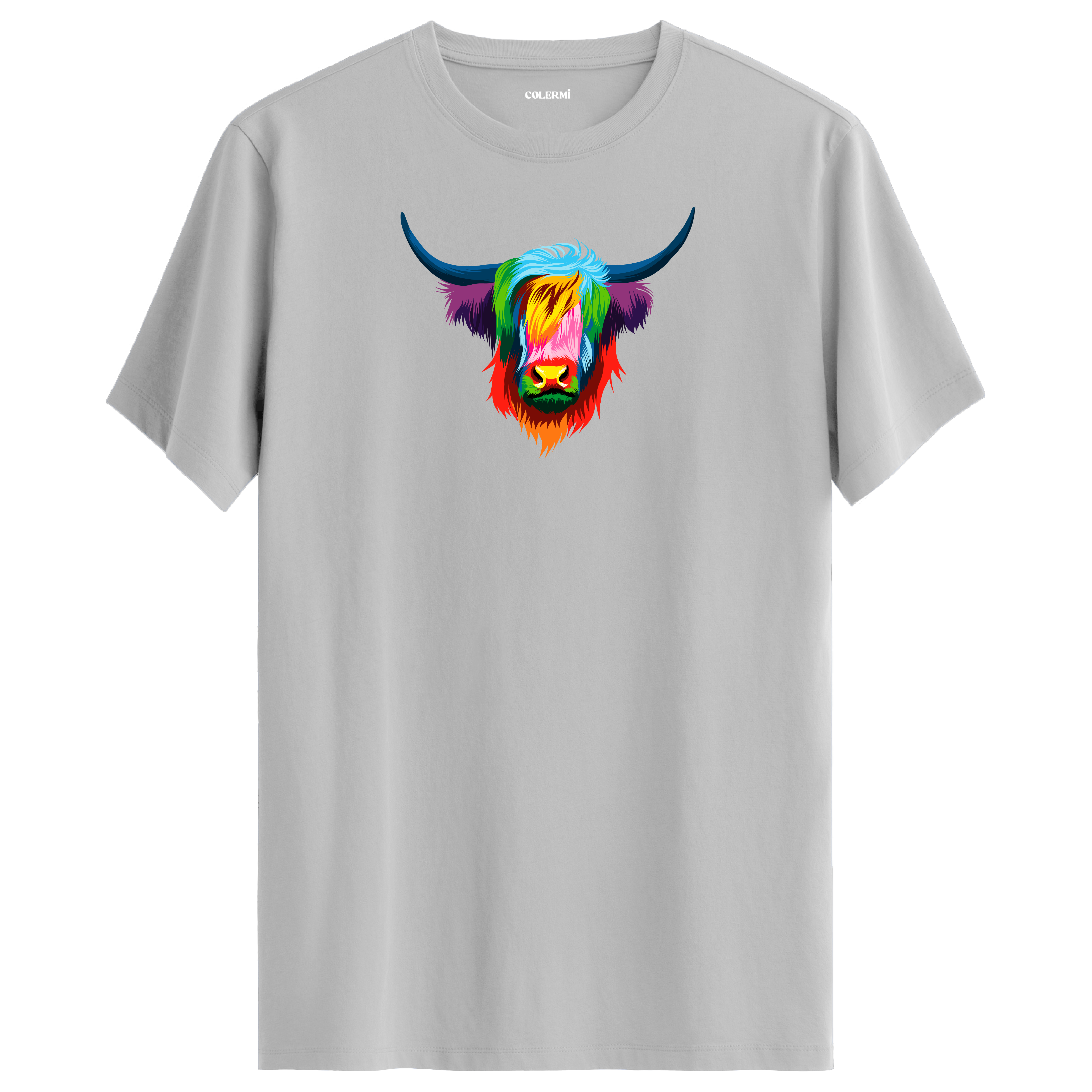 Gri tişört üzerinde renkli Angus Highland sığır tasarımı