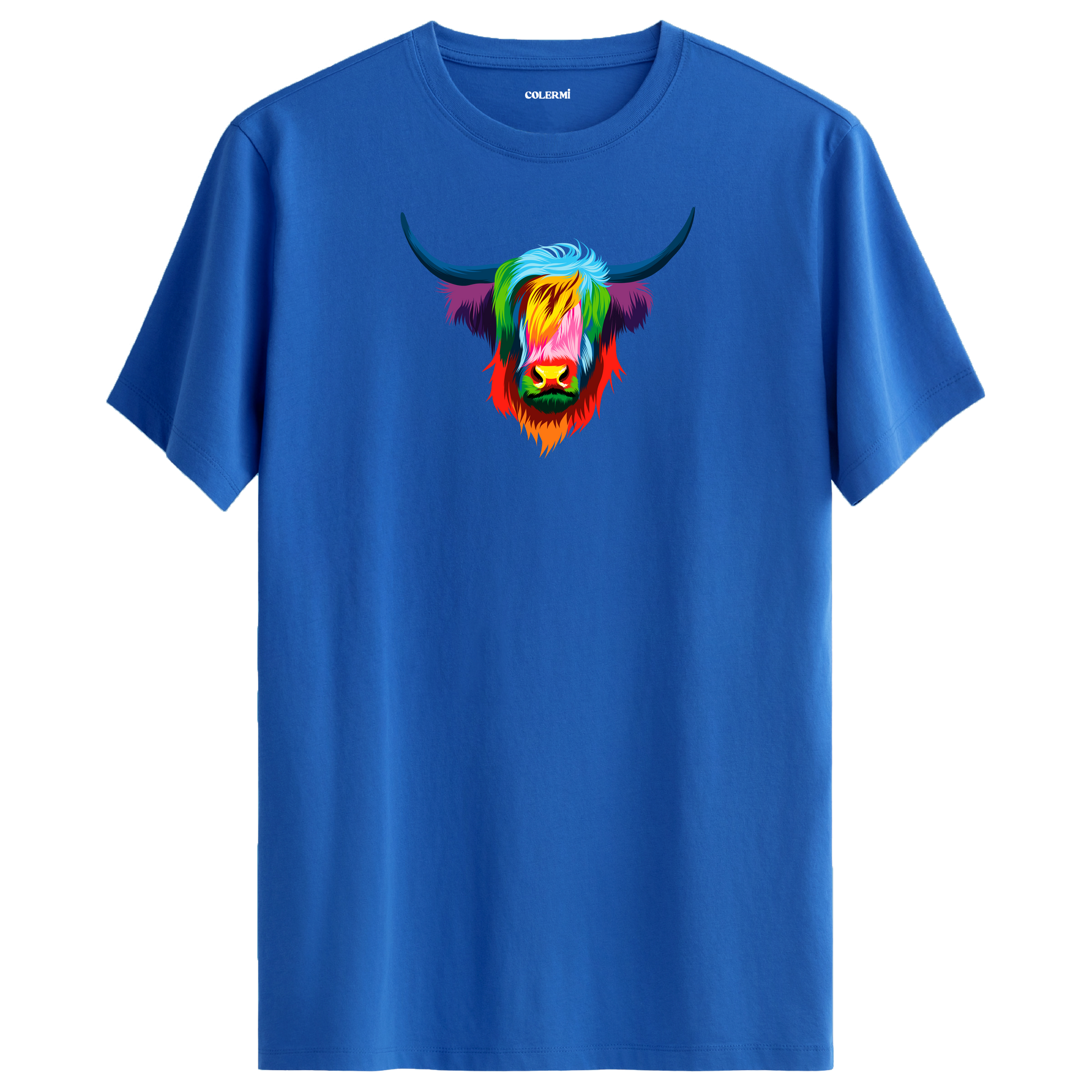 Mavi tişört üzerinde renkli Angus Highland sığır tasarımı