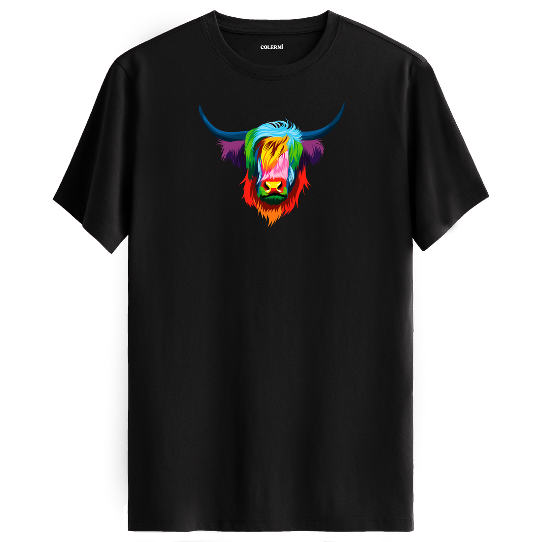 Siyah tişört üzerinde renkli Angus Highland sığır tasarımı