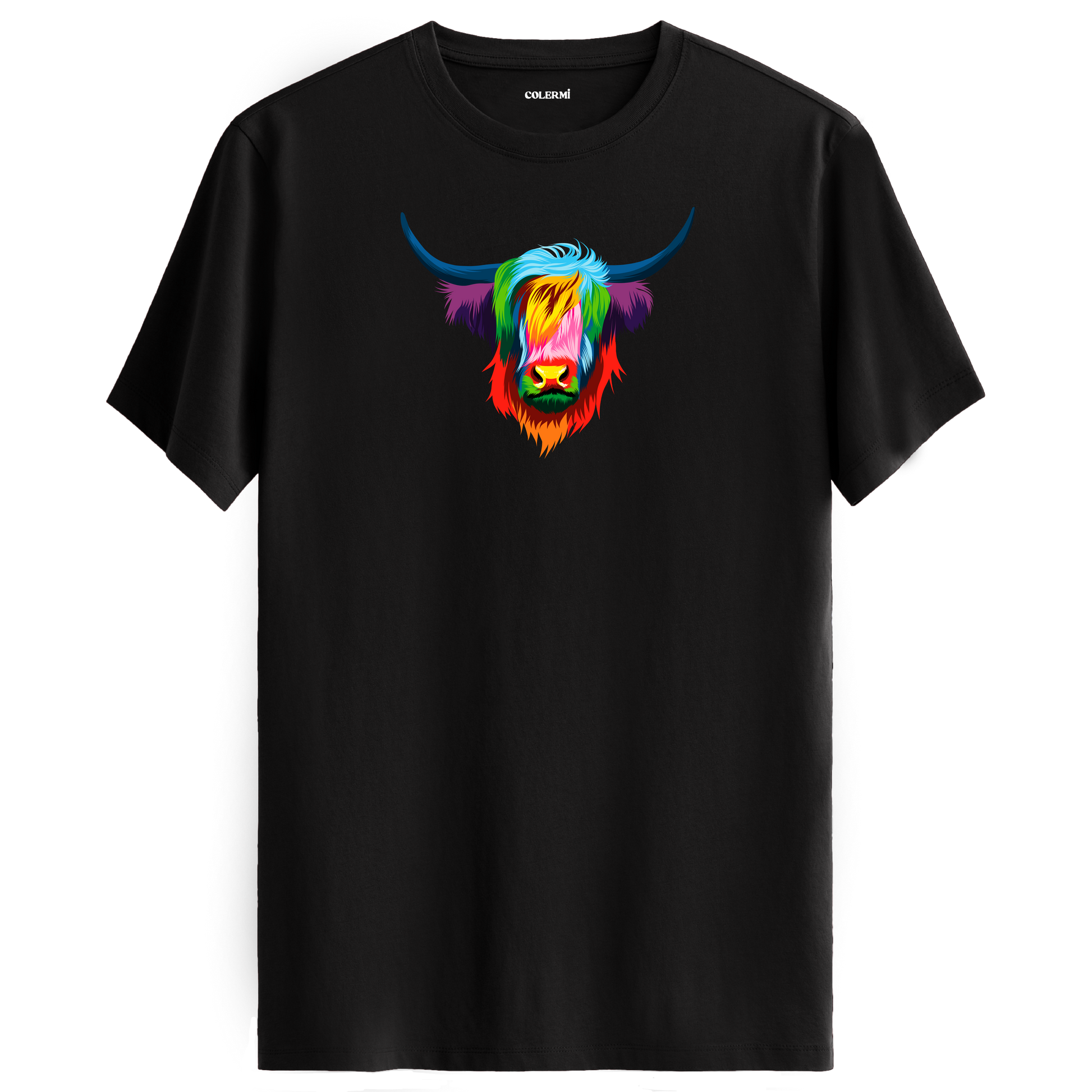 Siyah tişört üzerinde renkli Angus Highland sığır tasarımı