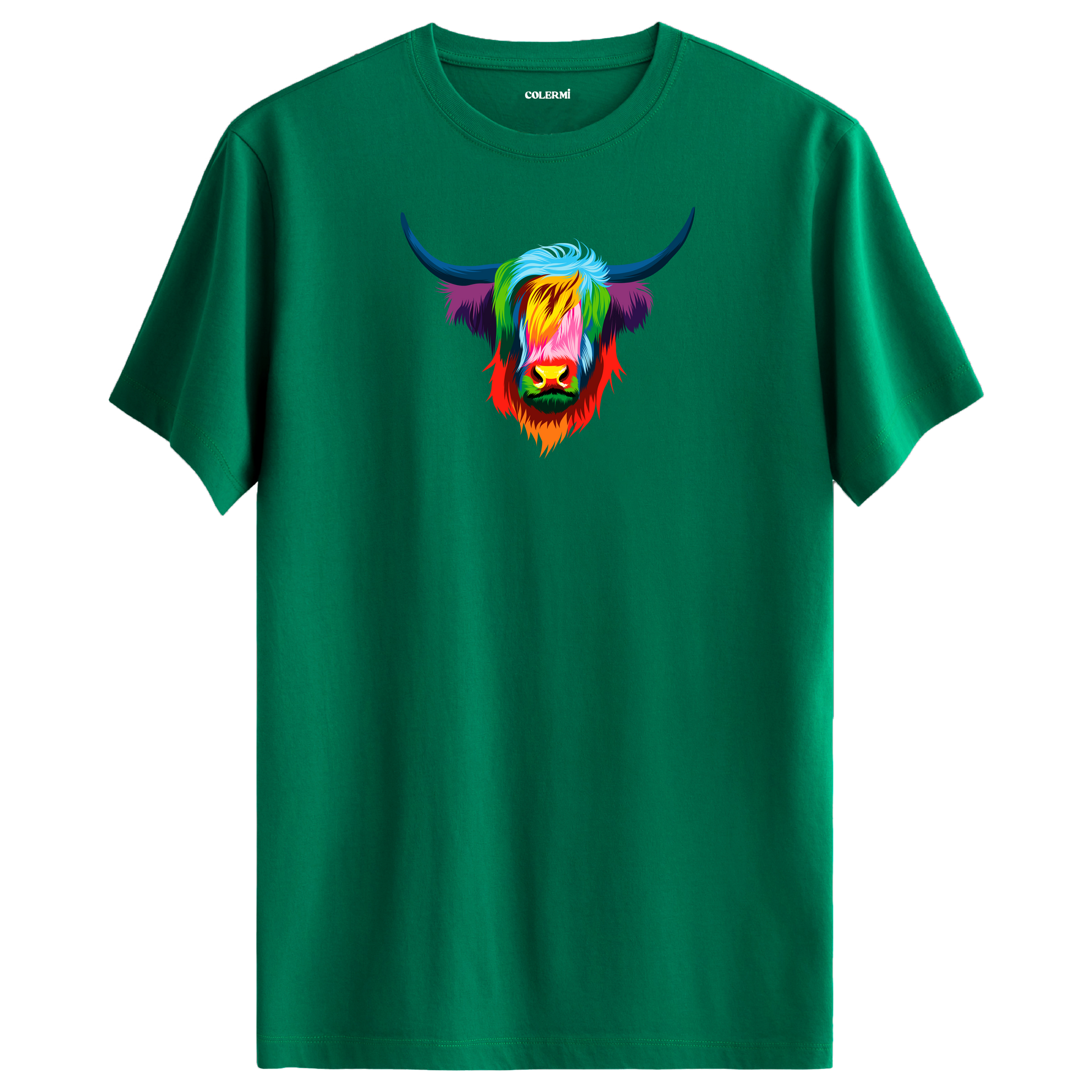 Yeşil tişört üzerinde renkli Angus Highland sığır tasarımı