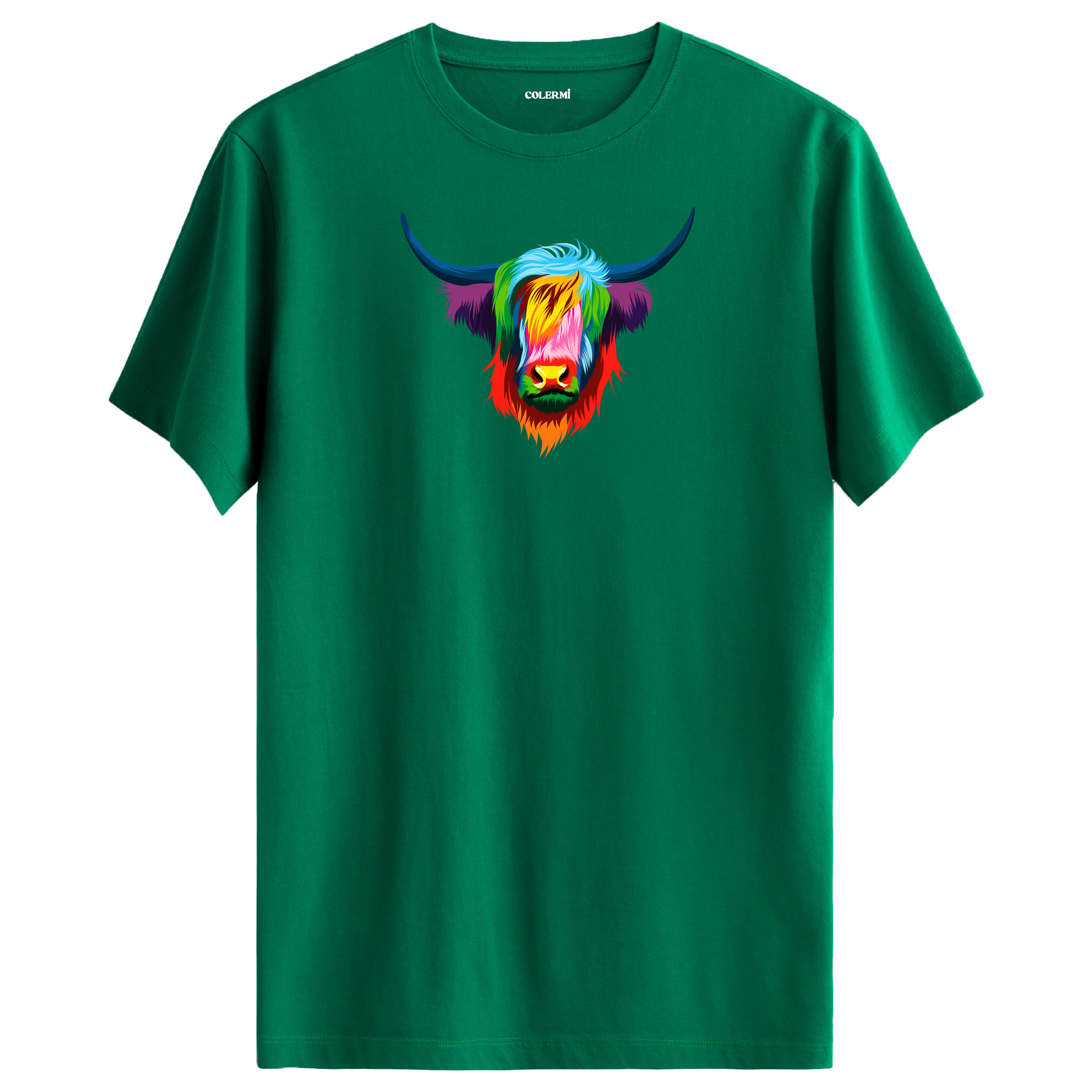 Yeşil tişört üzerinde renkli Angus Highland sığır tasarımı