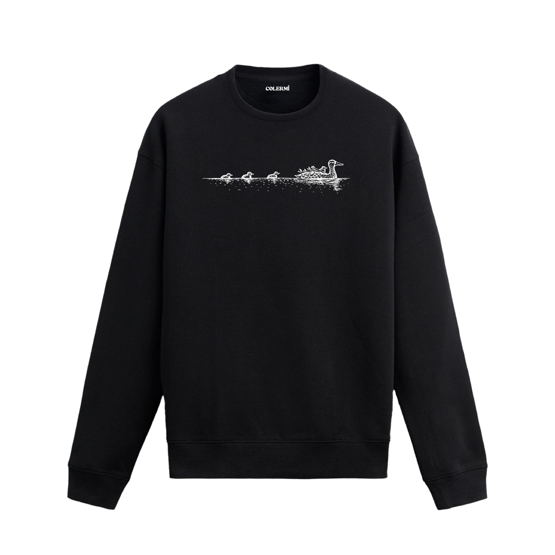 Anne ördeğin yavrularıyla göl üzerinde yüzdüğü sahneyi yansıtan Colermi sweatshirt.