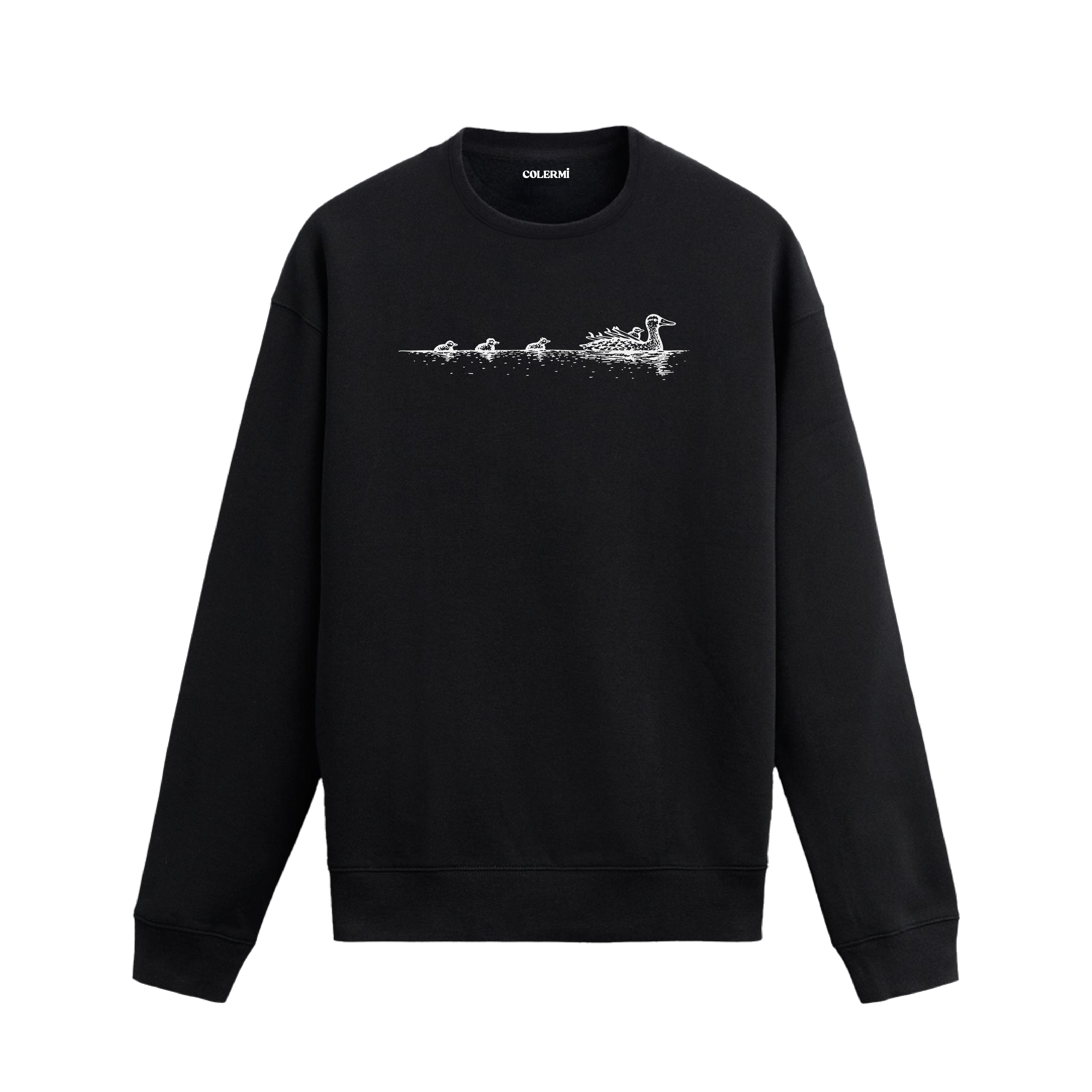 Anne ördeğin yavrularıyla göl üzerinde yüzdüğü sahneyi yansıtan Colermi sweatshirt.