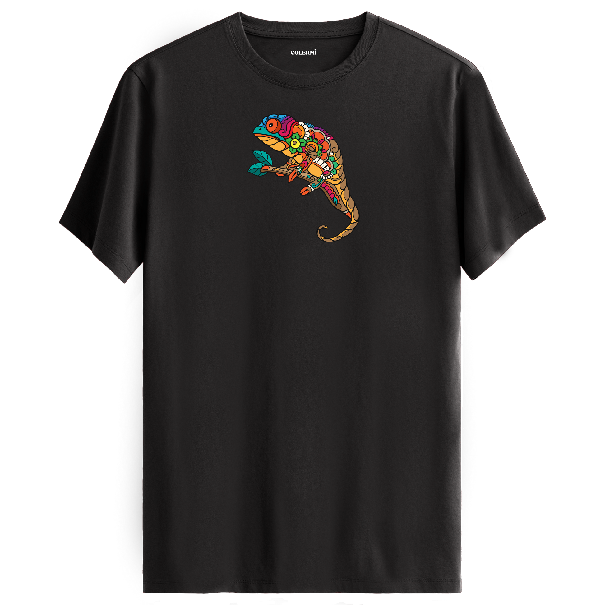Antrasit tişört üzerinde renkli bukalemun baskısı