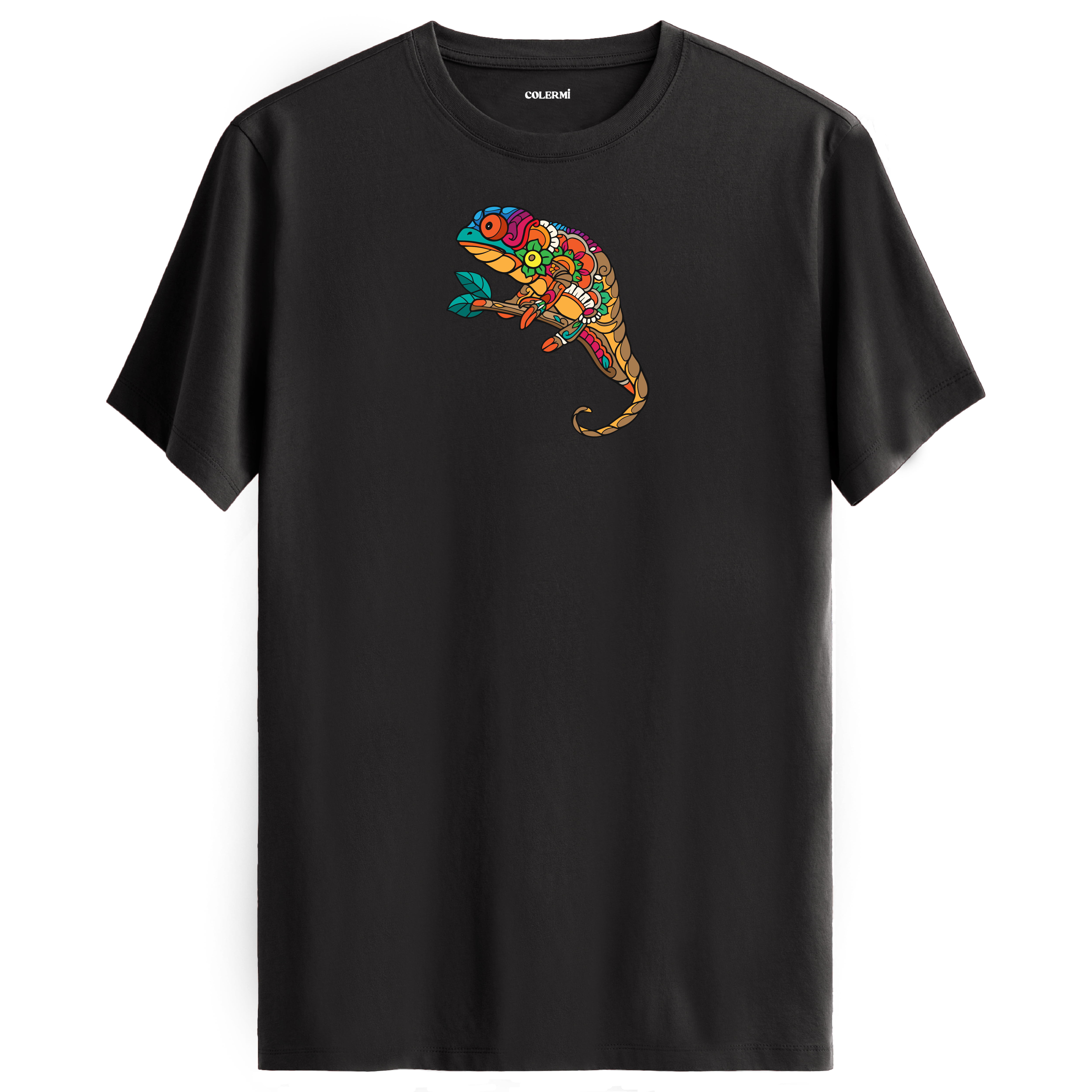 Antrasit tişört üzerinde renkli bukalemun baskısı