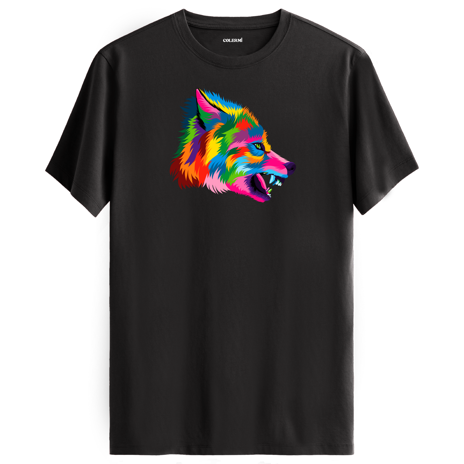 Antrasit tişört üzerinde renkli vahşi kurt baskısı