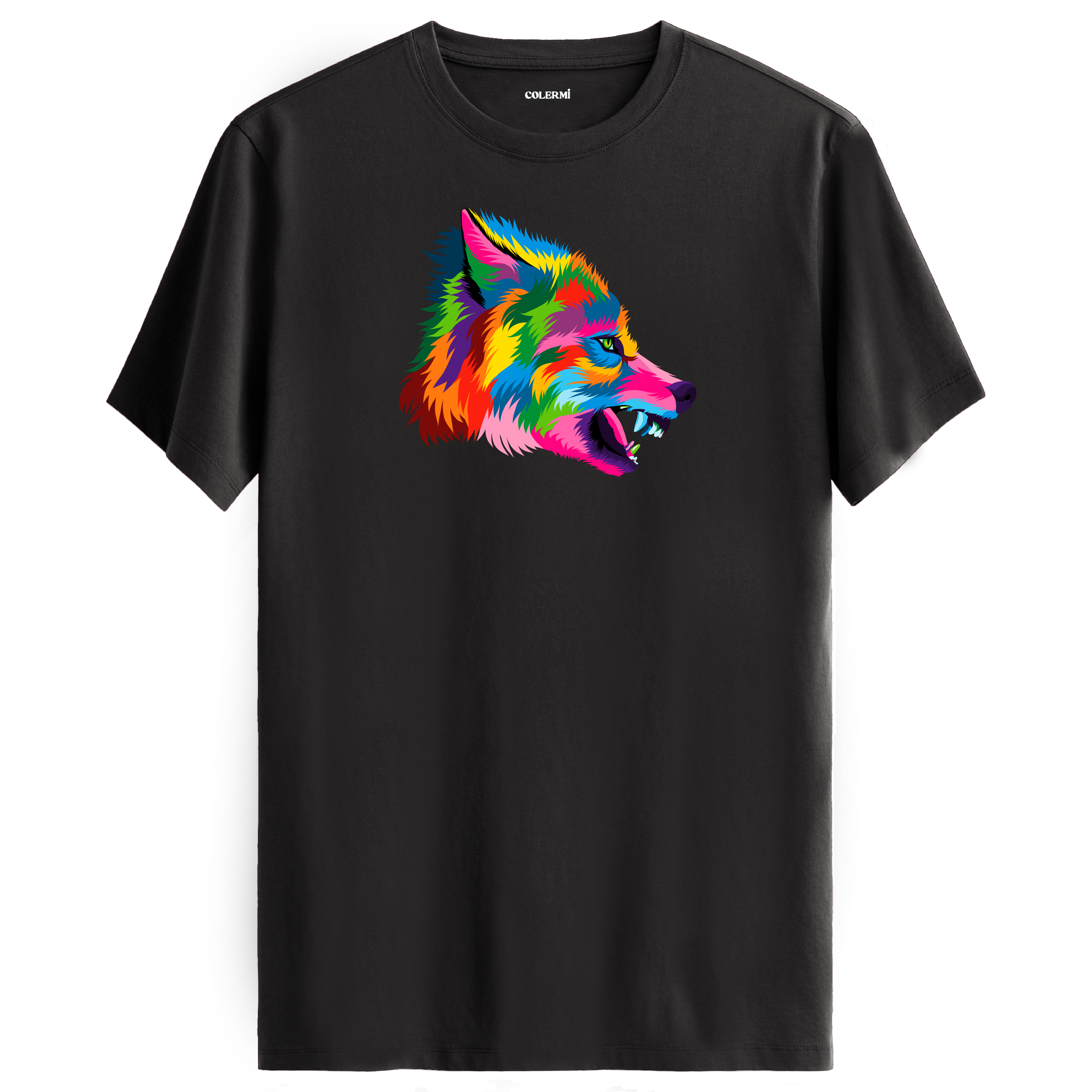 Antrasit tişört üzerinde renkli vahşi kurt baskısı
