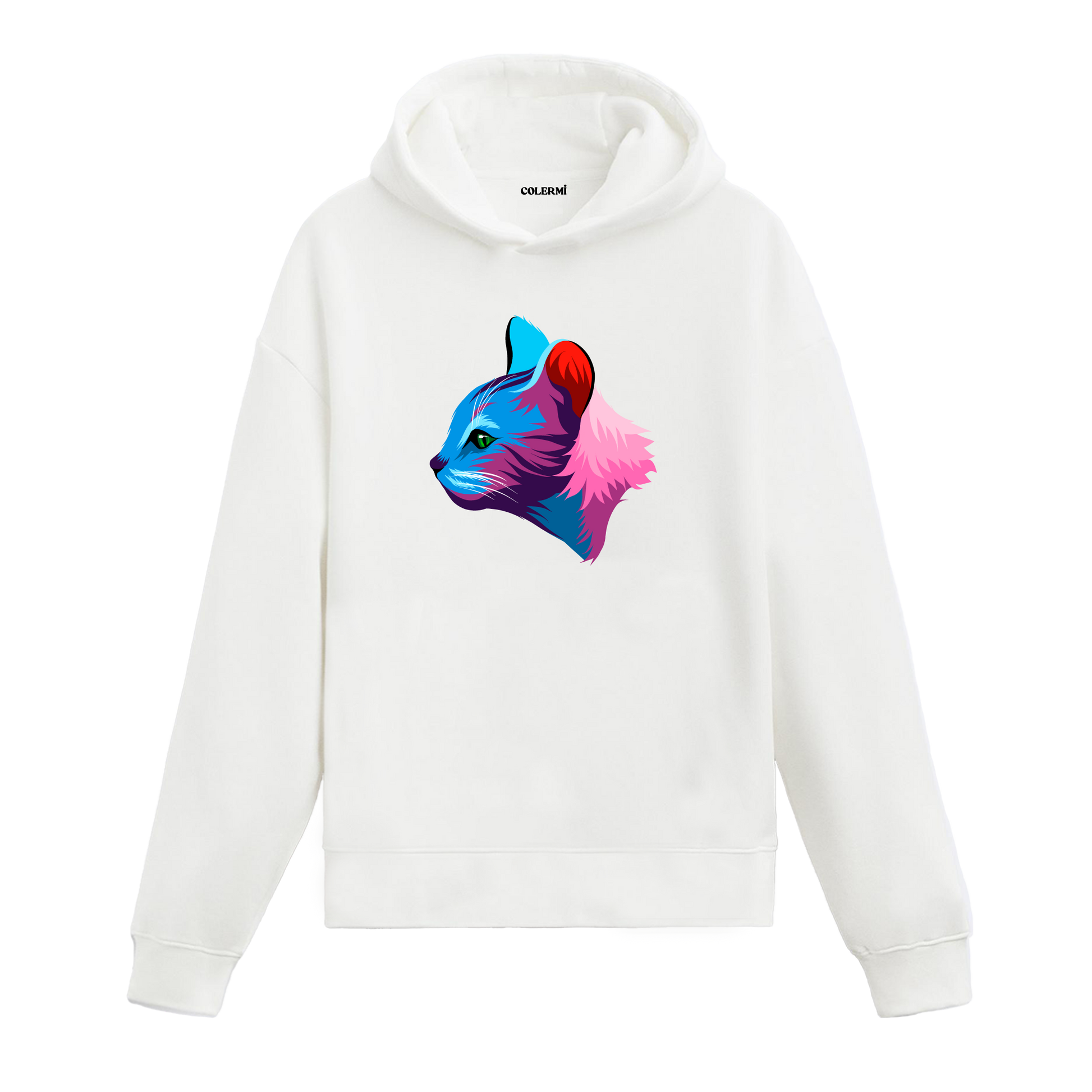Beyaz hoodie, Aria isimli yan profilli kedi baskısı, sanatsal tasarım pamuklu hoodie
