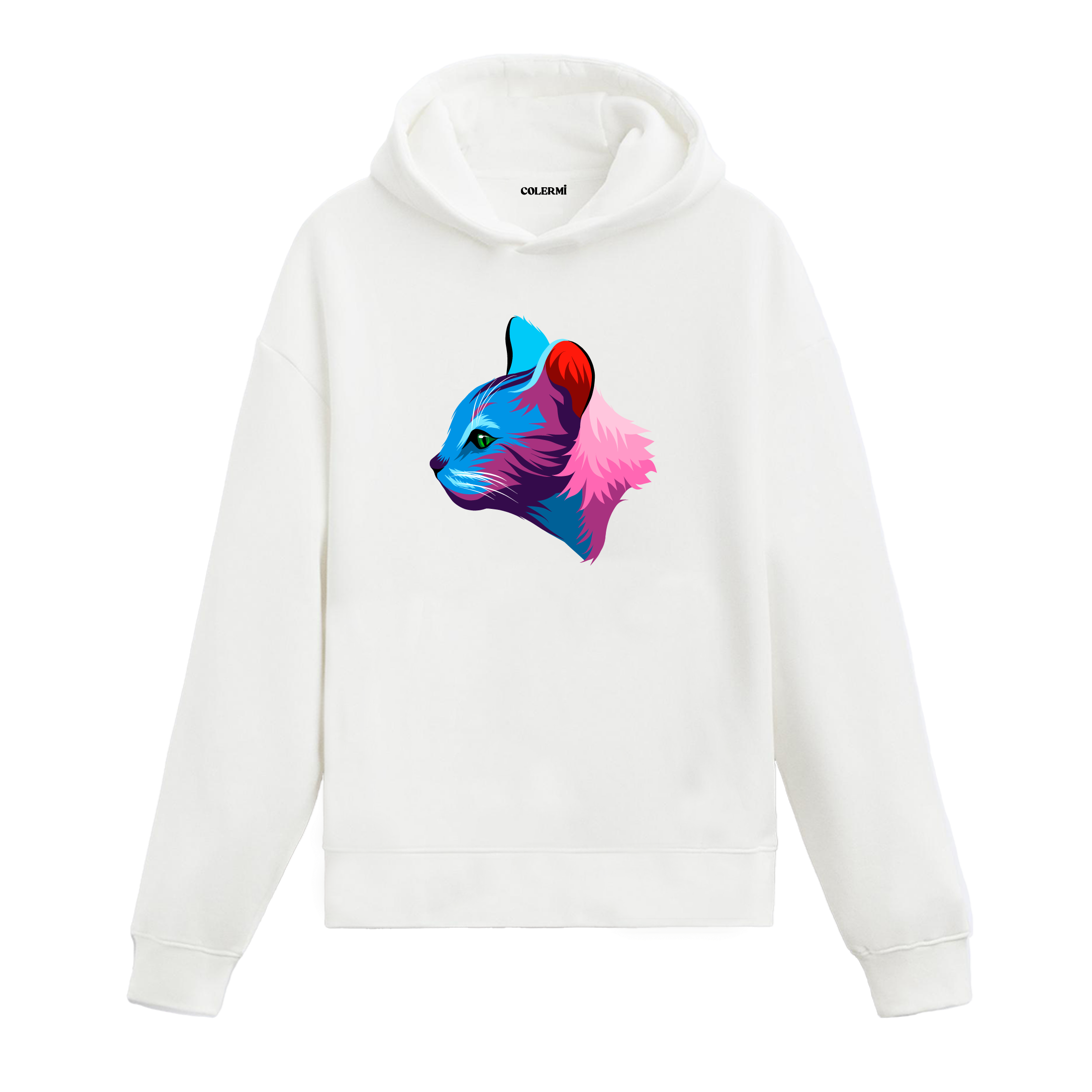 Beyaz hoodie, Aria isimli yan profilli kedi baskısı, sanatsal tasarım pamuklu hoodie