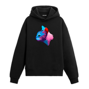 Siyah hoodie, Aria isimli yan profilden bakan renkli kedi baskısı, pamuklu unisex hoodie