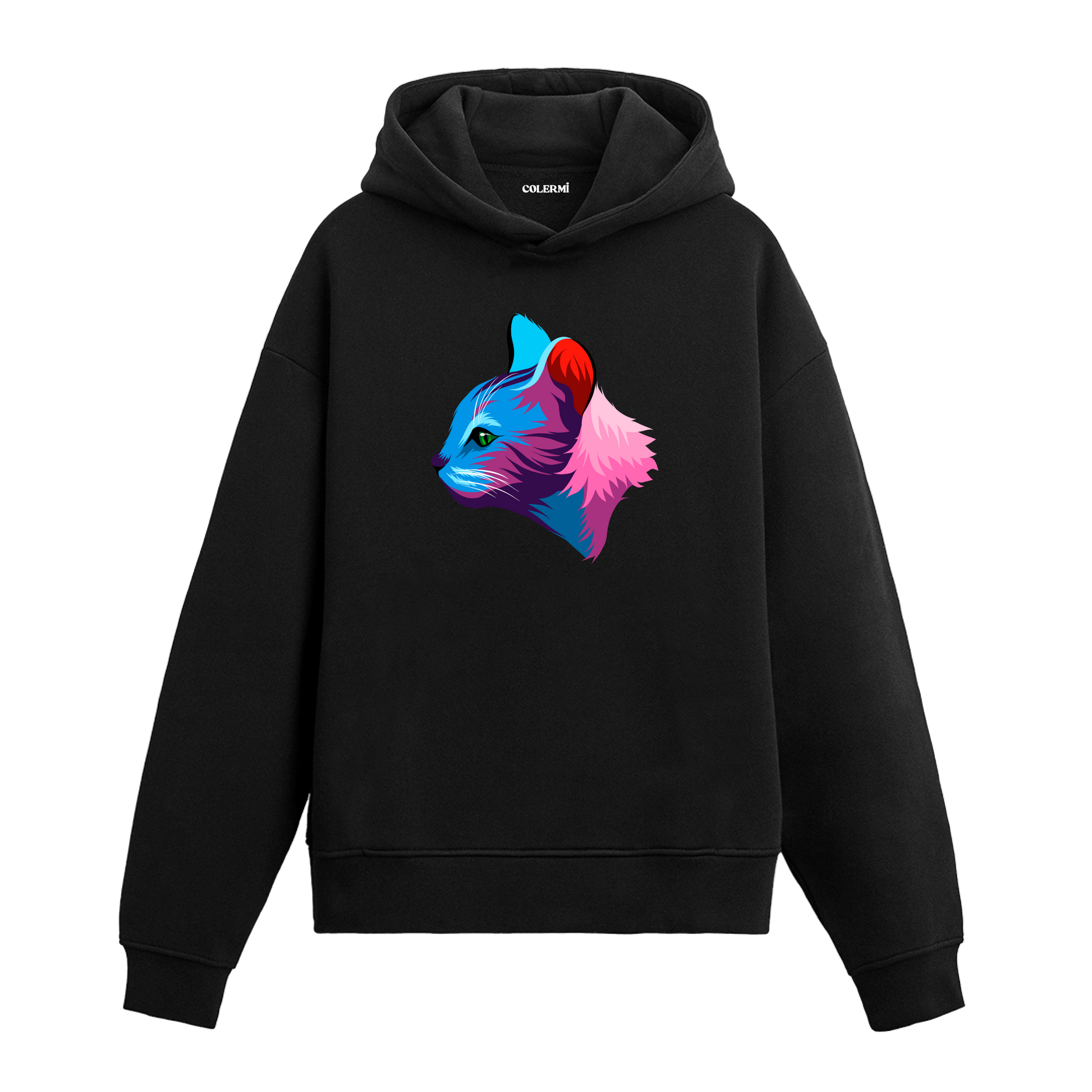 Siyah hoodie, Aria isimli yan profilden bakan renkli kedi baskısı, pamuklu unisex hoodie