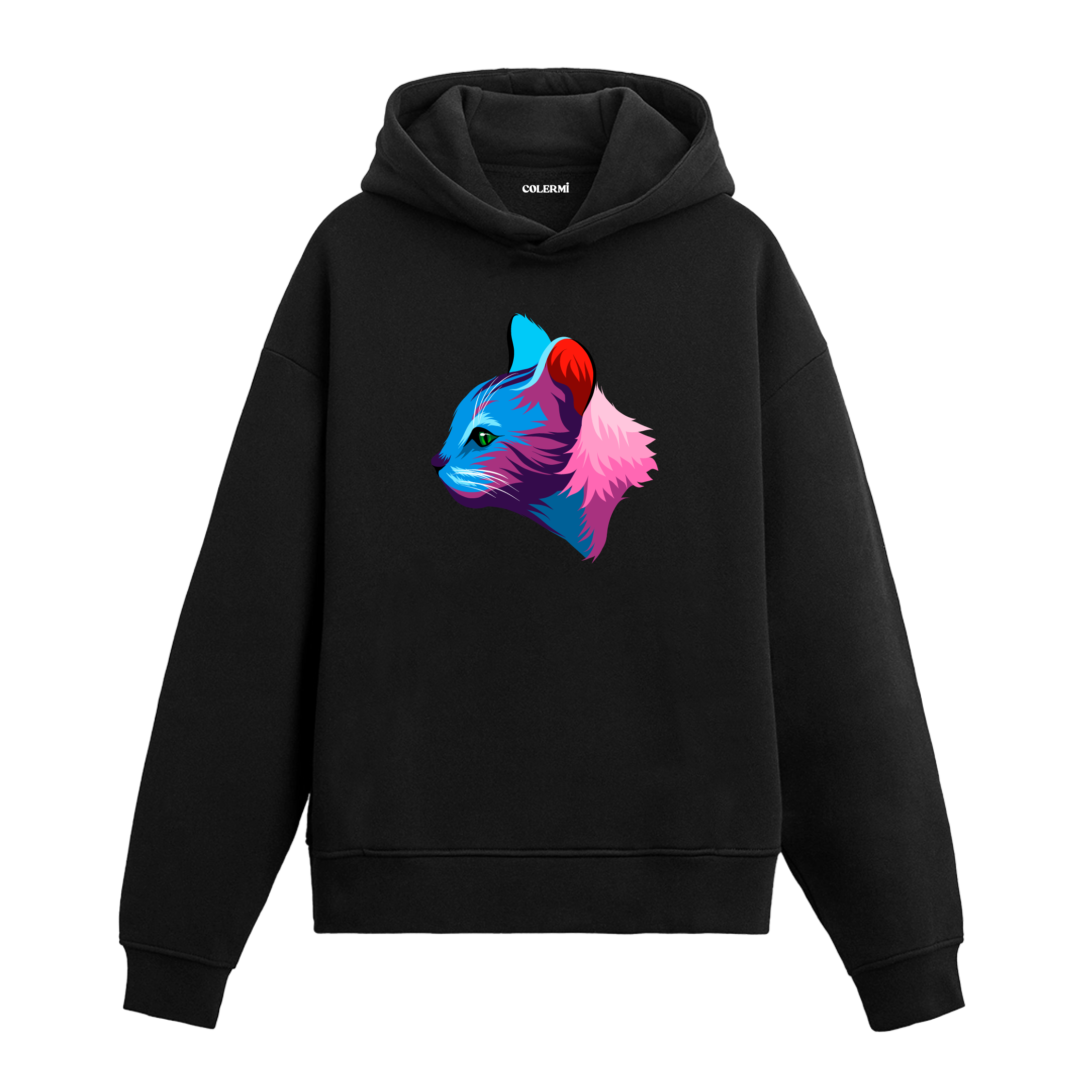 Siyah hoodie, Aria isimli yan profilden bakan renkli kedi baskısı, pamuklu unisex hoodie