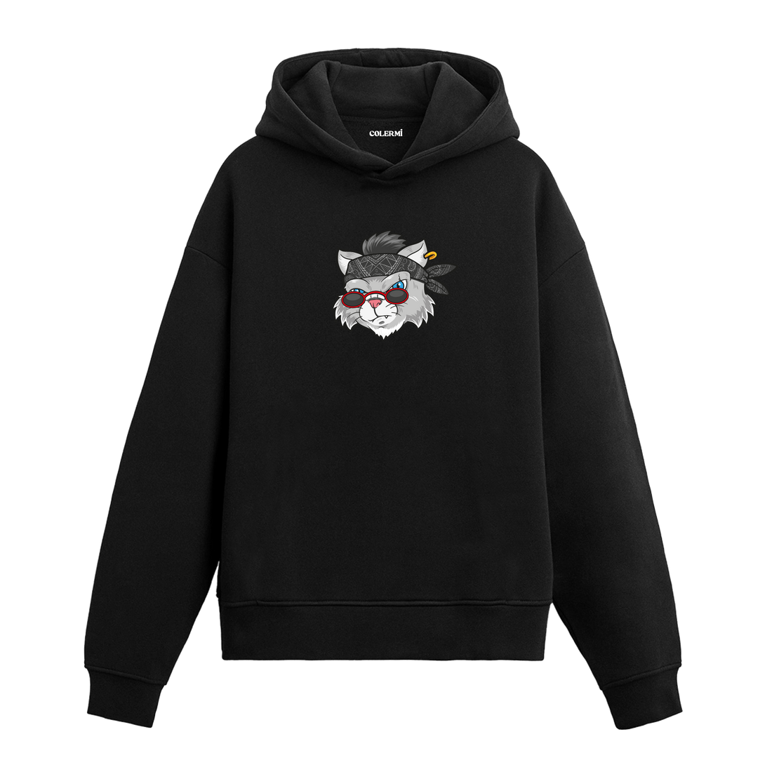 Bandanalı ve gözlüklü asi kedi baskılı hoodie – özgün karakterli tasarım