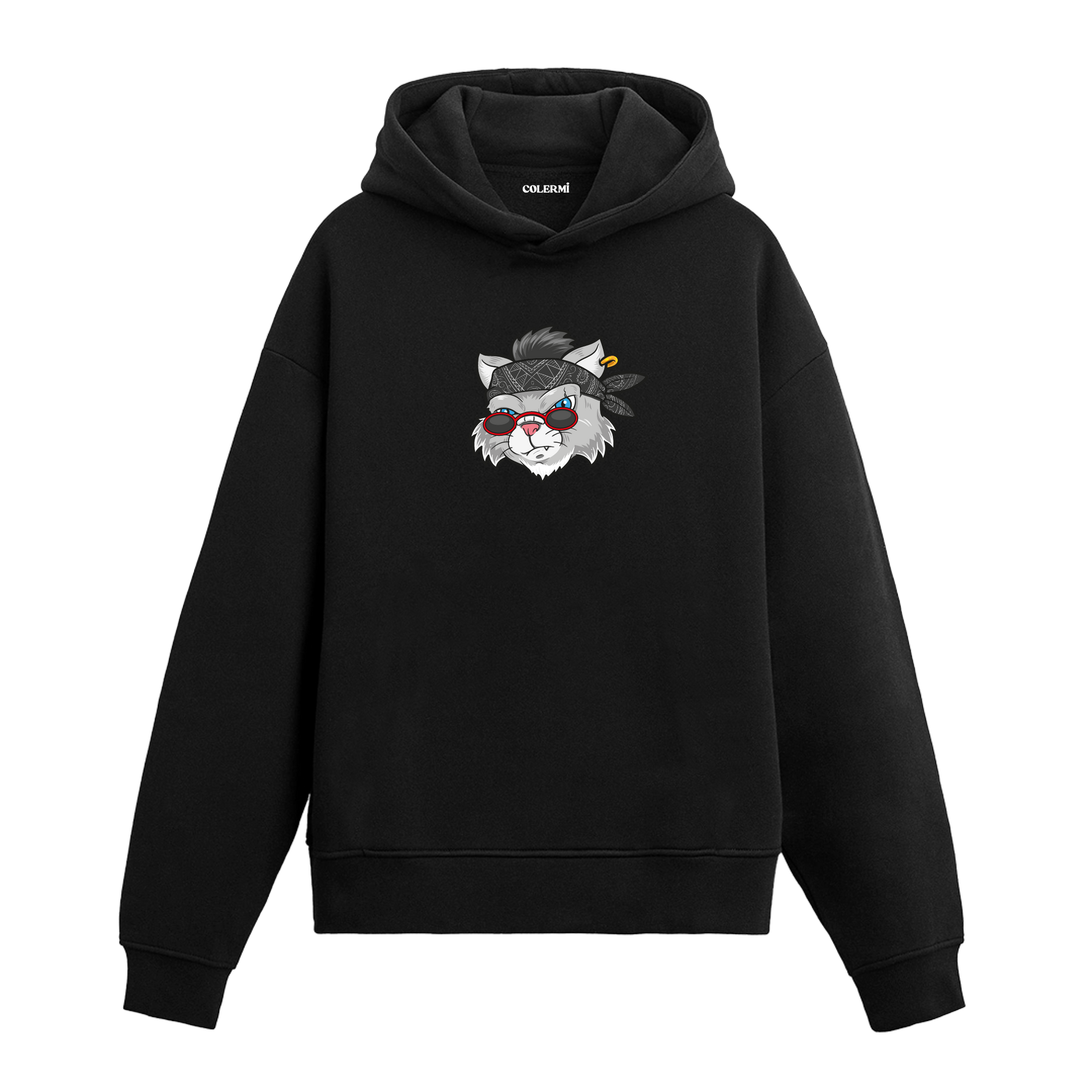 Bandanalı ve gözlüklü asi kedi baskılı hoodie – özgün karakterli tasarım