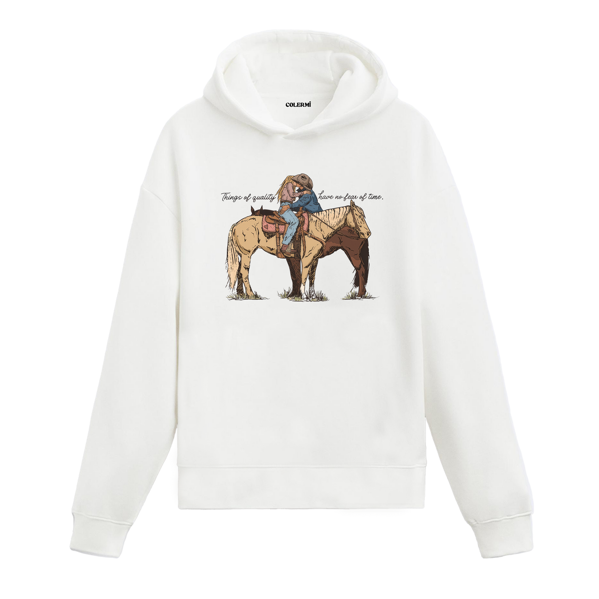 Aşık kovboylar ve at baskılı Colermi kapüşonlu hoodie, sıcak tutan western tarzı tasarım hoodie.
