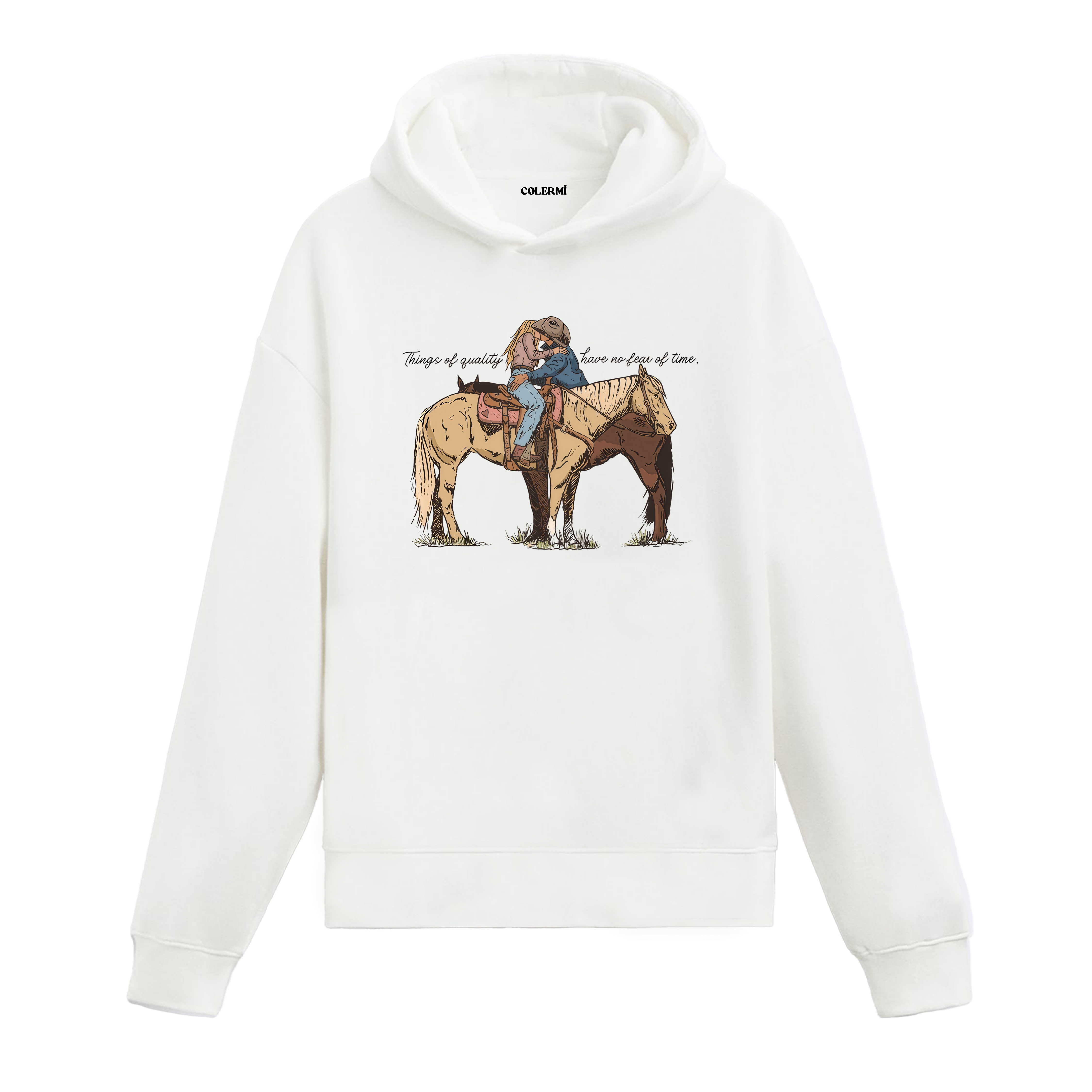Aşık kovboylar ve at baskılı Colermi kapüşonlu hoodie, sıcak tutan western tarzı tasarım hoodie.
