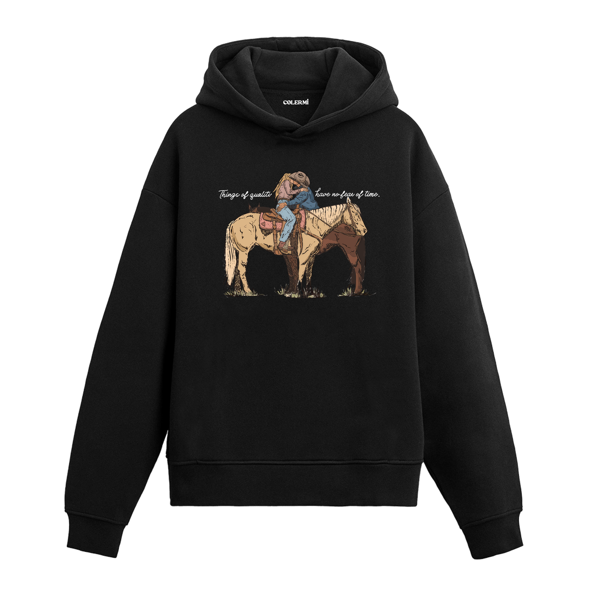 Aşık kovboylar ve at baskılı Colermi kapüşonlu hoodie, sıcak tutan western tarzı tasarım hoodie.