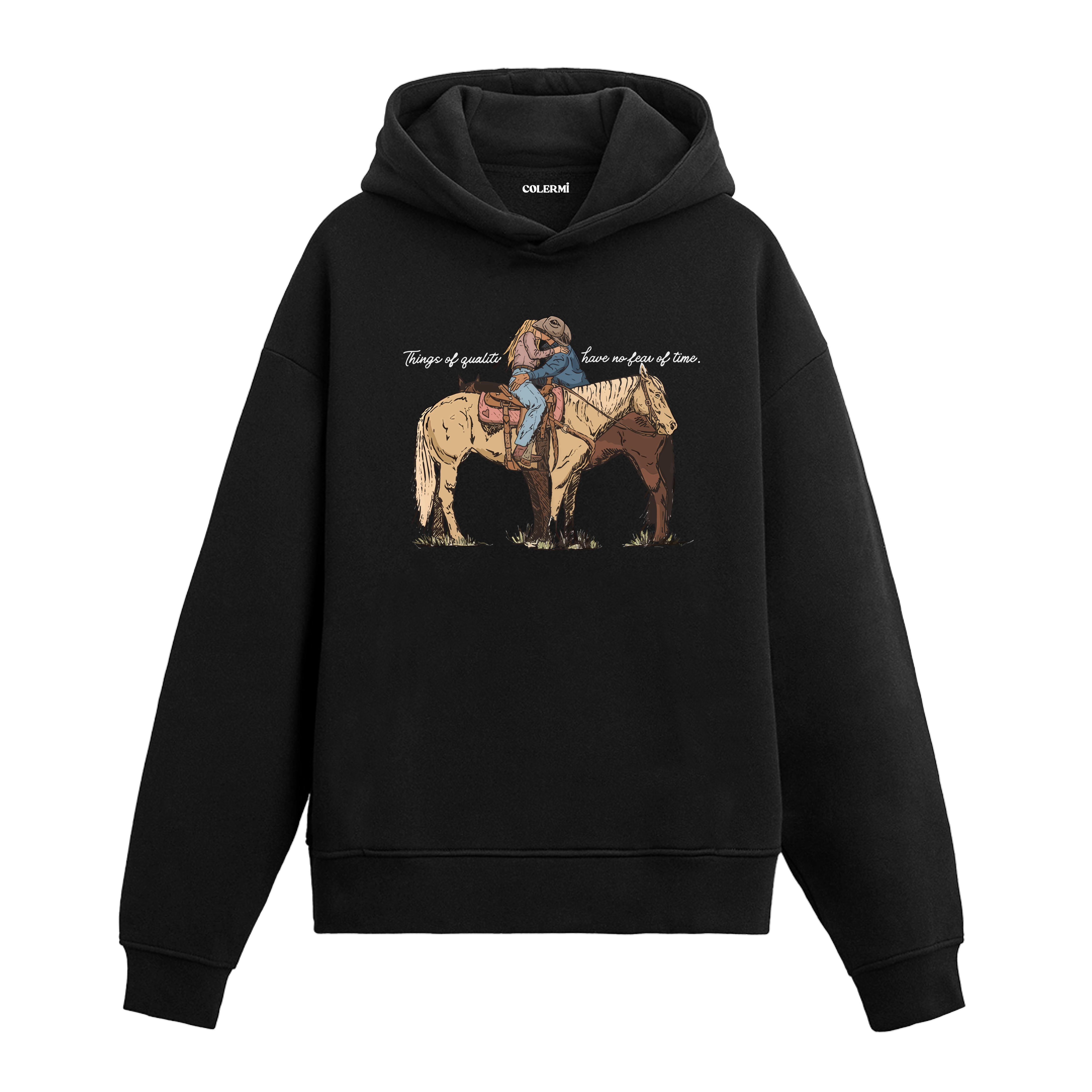 Aşık kovboylar ve at baskılı Colermi kapüşonlu hoodie, sıcak tutan western tarzı tasarım hoodie.