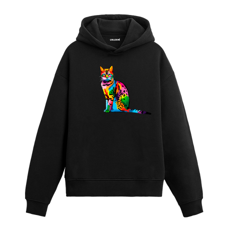 Asil duruşlu renkli kedi baskılı siyah hoodie