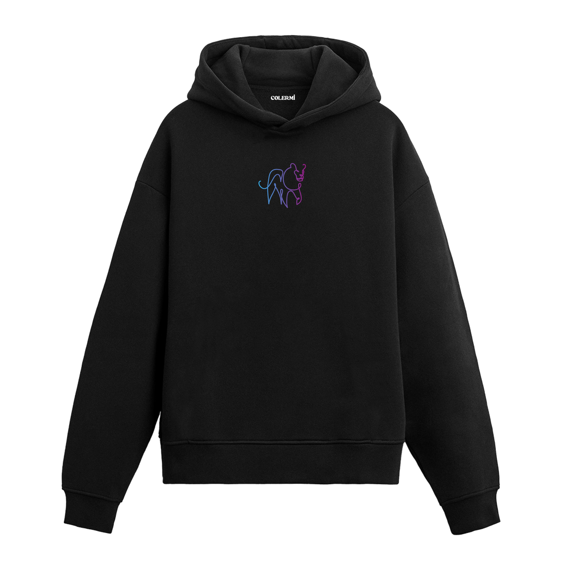 Siyah hoodie üzerinde aslan minimal baskısı