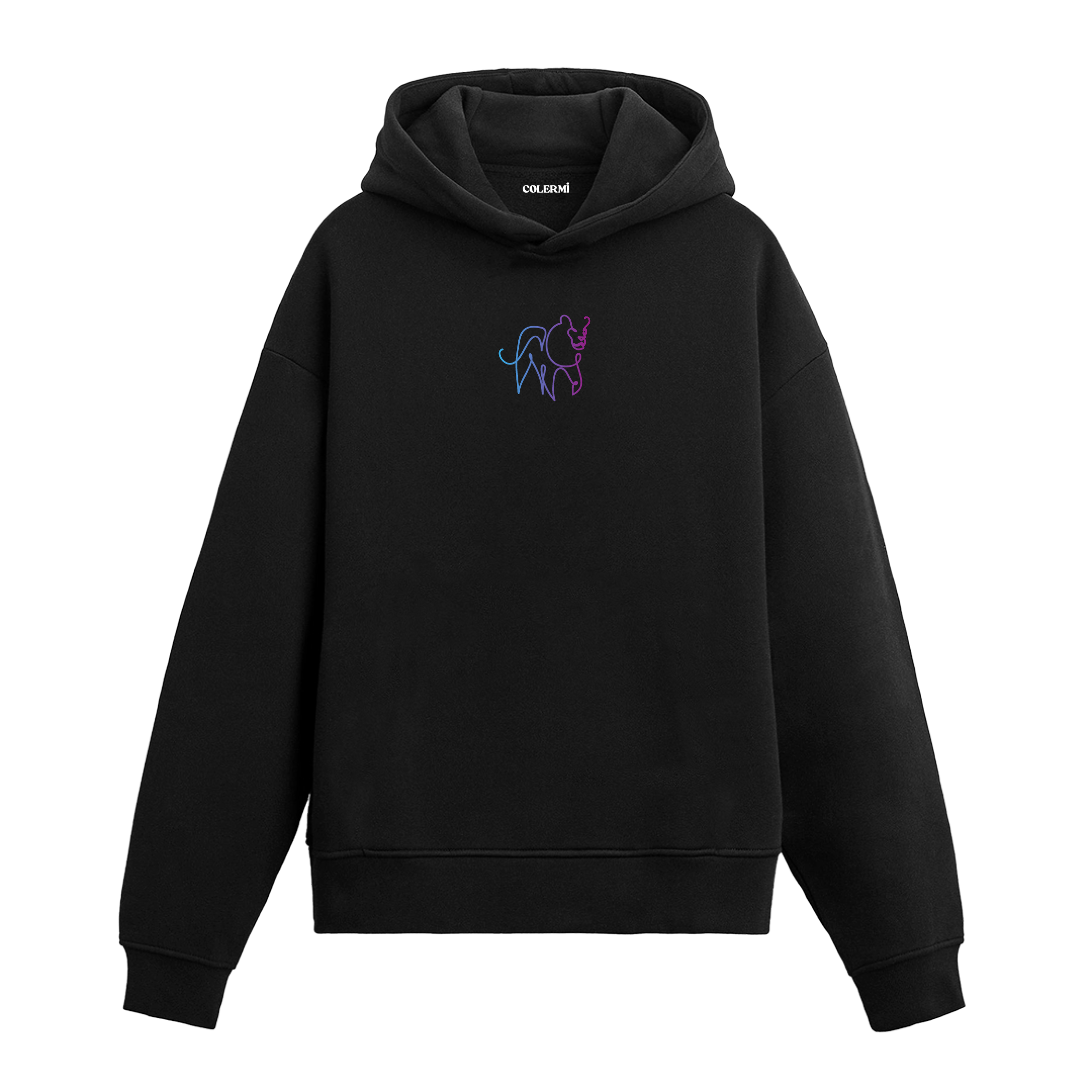 Siyah hoodie üzerinde aslan minimal baskısı