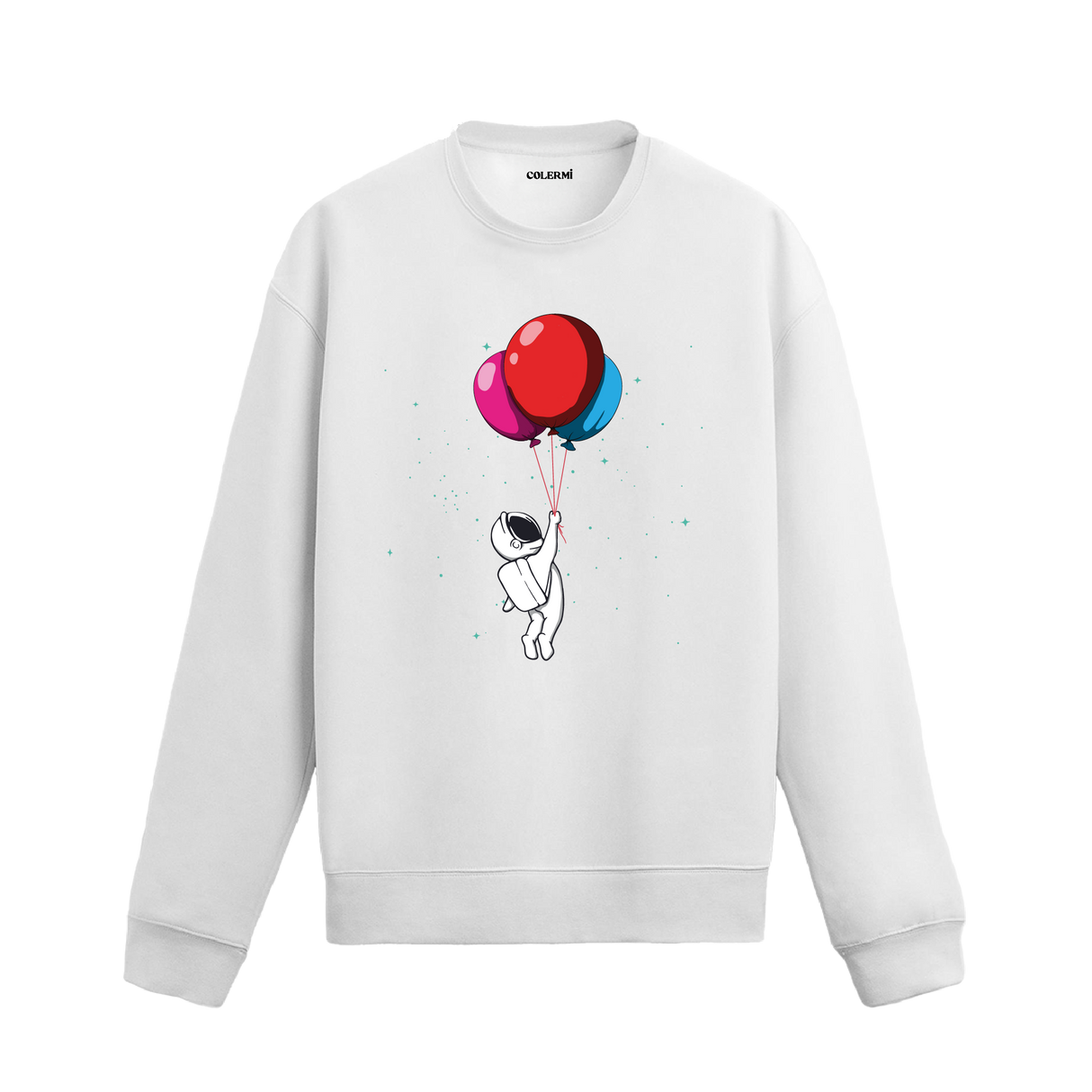 Astronotun rengarenk balonlarla uzaya yükseldiği tasarımlı beyaz sweatshirt.