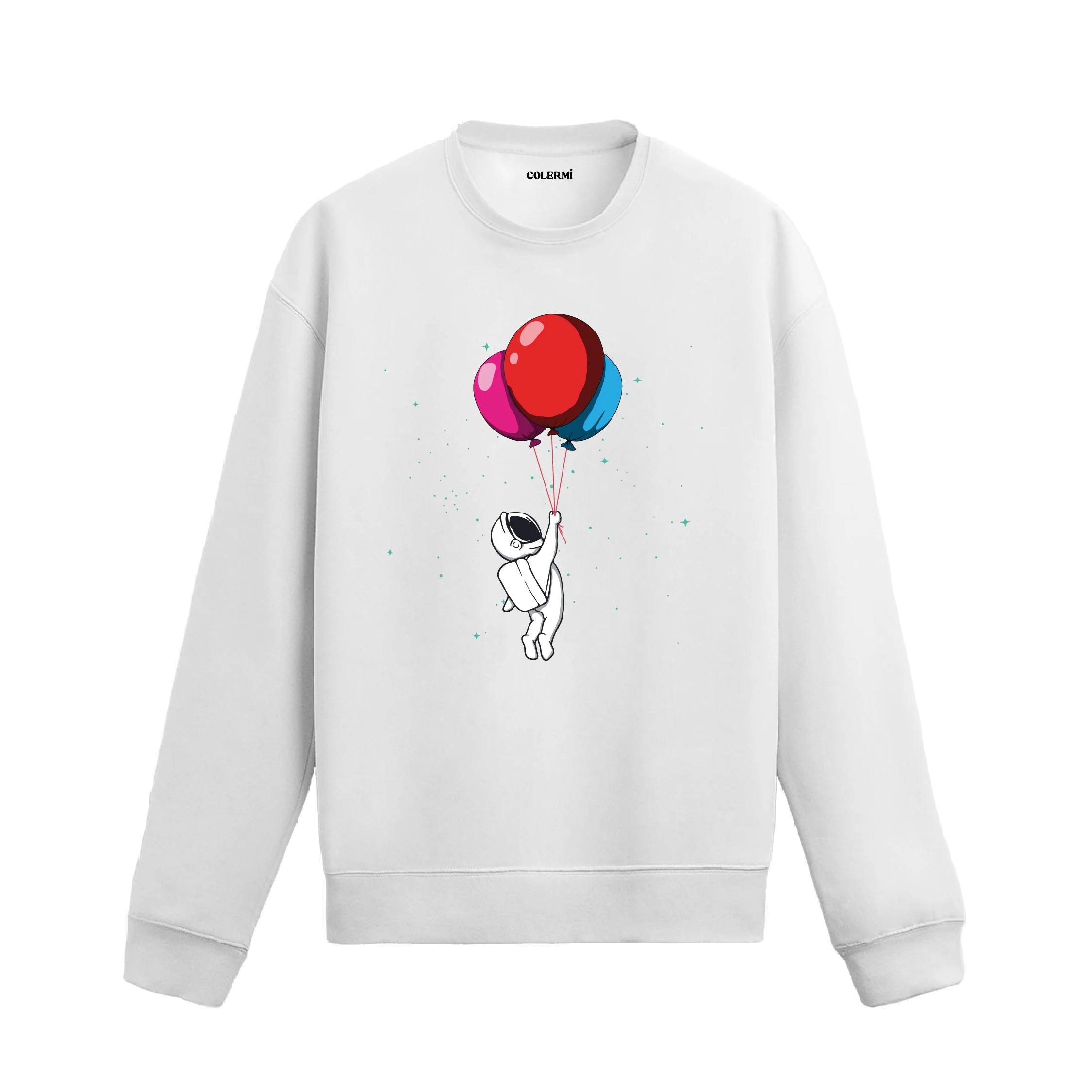 Astronotun rengarenk balonlarla uzaya yükseldiği tasarımlı beyaz sweatshirt.