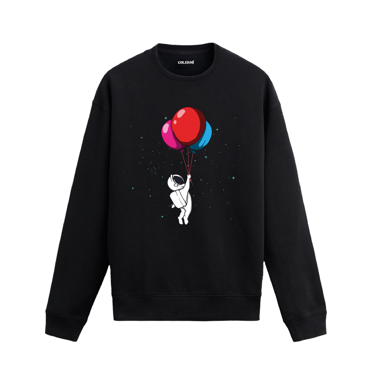 Astronotun rengarenk balonlarla uzaya yükseldiği tasarımlı siyah sweatshirt.