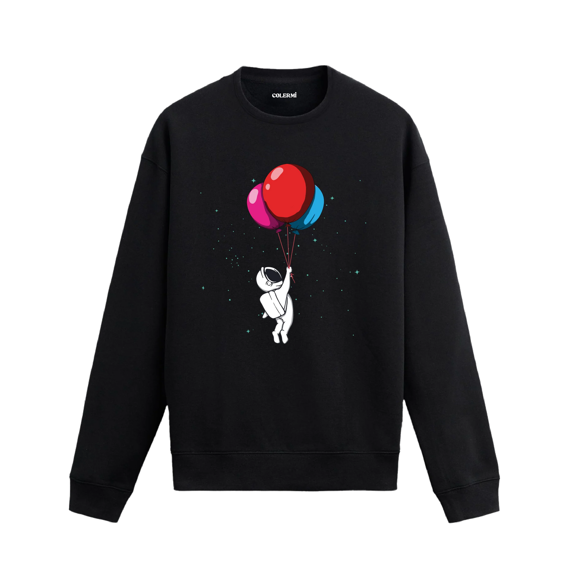 Astronotun rengarenk balonlarla uzaya yükseldiği tasarımlı siyah sweatshirt.