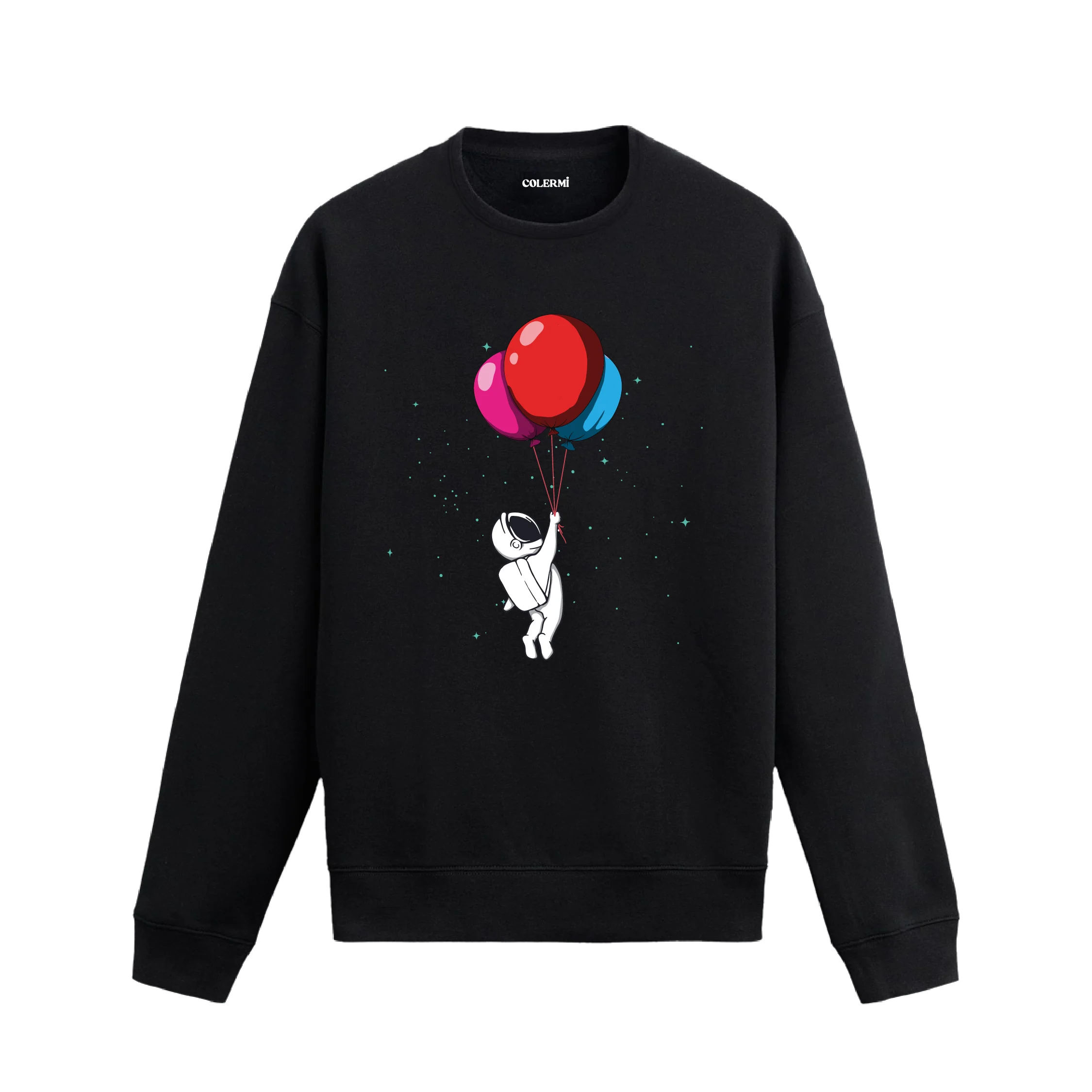 Astronotun rengarenk balonlarla uzaya yükseldiği tasarımlı siyah sweatshirt.