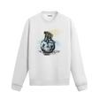 El çizimi tarzında astronotun gezegen üzerinde durduğu uzay temalı beyaz sweatshirt tasarımı