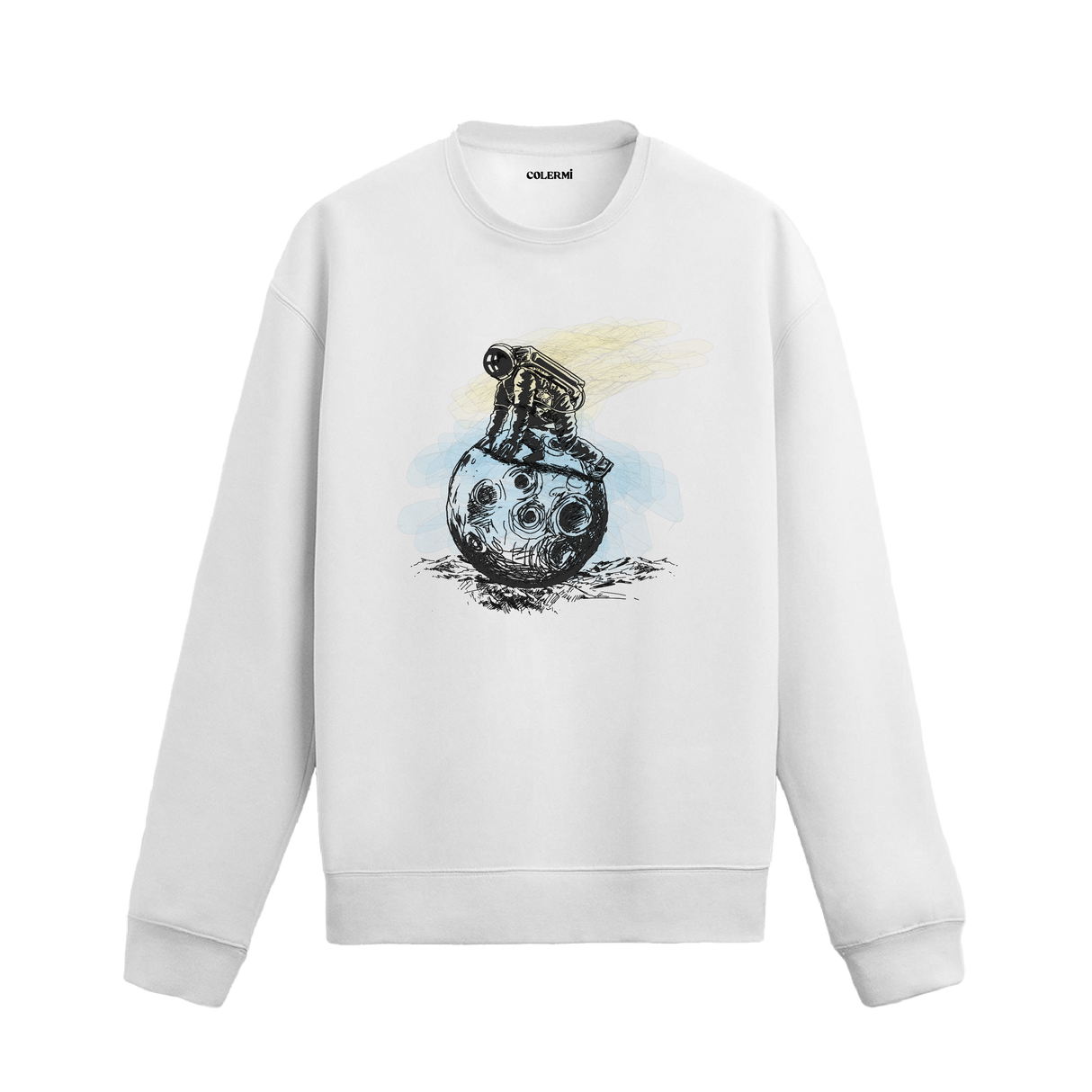 El çizimi tarzında astronotun gezegen üzerinde durduğu uzay temalı beyaz sweatshirt tasarımı