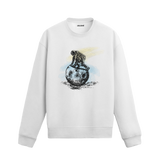 El çizimi tarzında astronotun gezegen üzerinde durduğu uzay temalı beyaz sweatshirt tasarımı