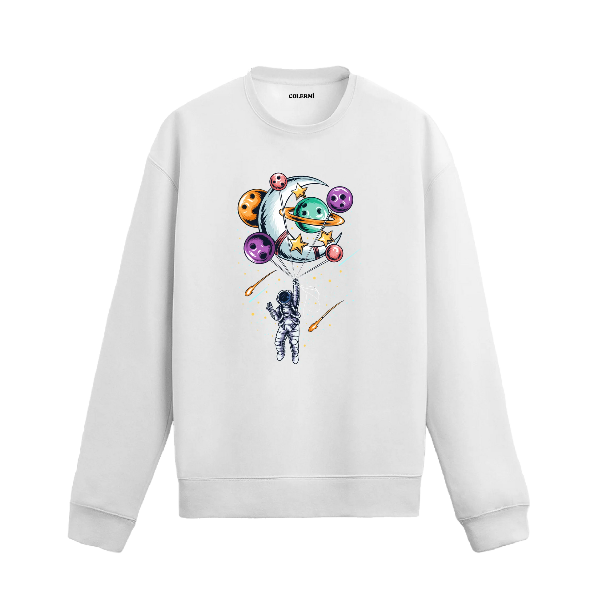 Gezegenlerden oluşan balonlarla uzayda yükselen astronot tasarımlı sweatshirt.