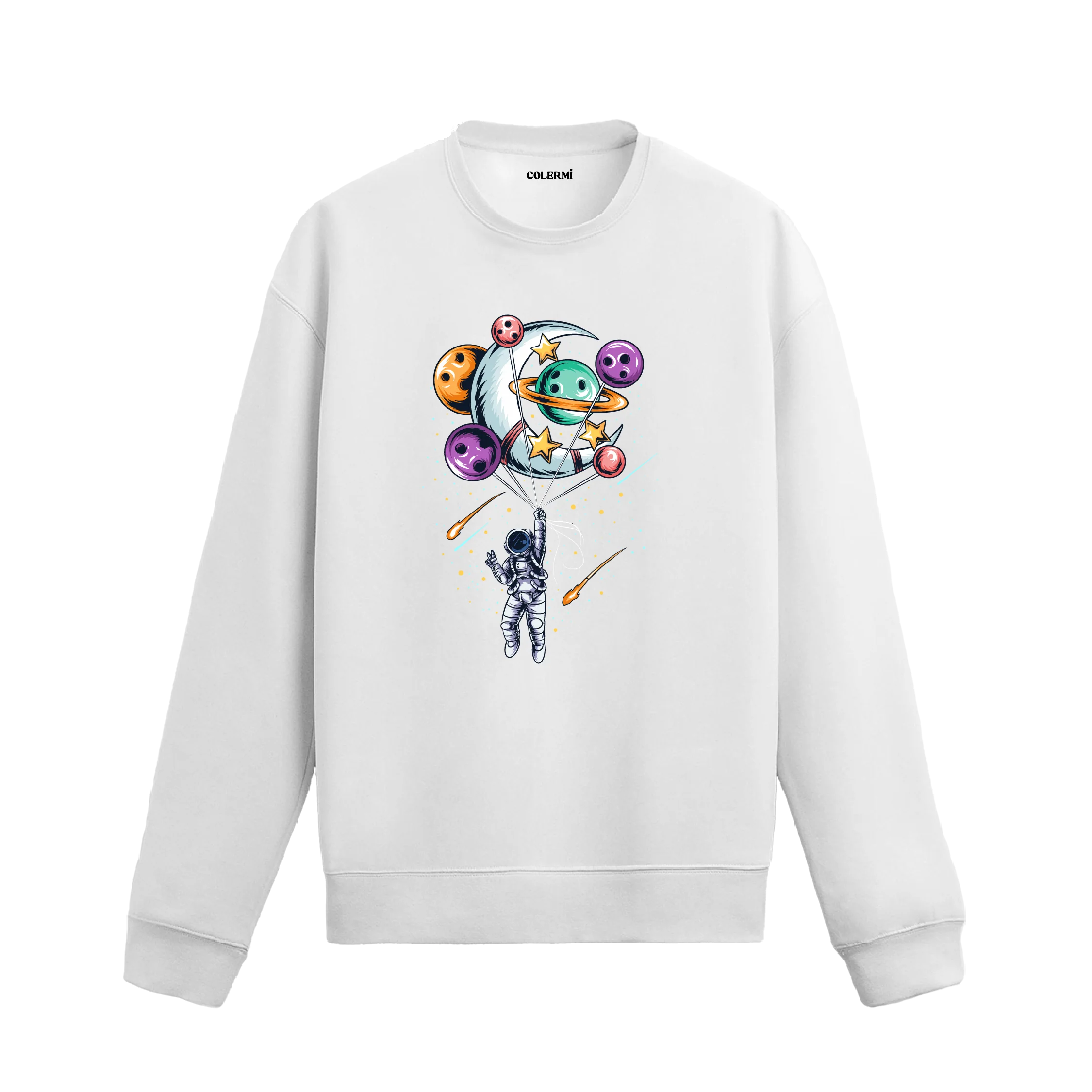 Gezegenlerden oluşan balonlarla uzayda yükselen astronot tasarımlı sweatshirt.